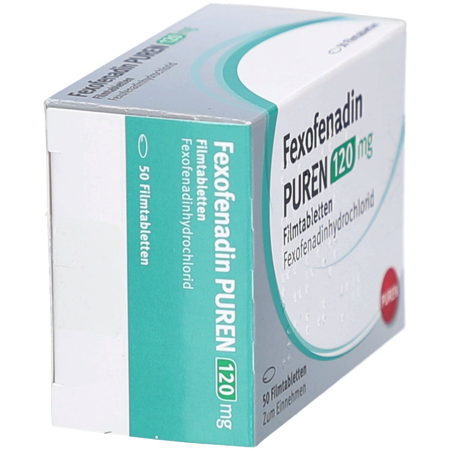 Schachtel mit Fexofenadin PUREN 120 mg Filmtabletten. Aufschrift: Fexofenadin, PUREN, 120 mg. 50 Filmtabletten. PUREN-Logo.