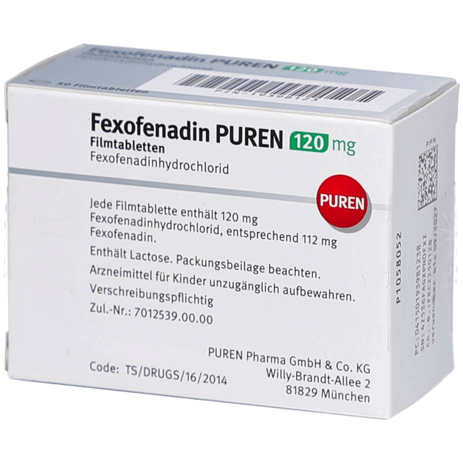 Schachtel mit Fexofenadin PUREN 120 mg Filmtabletten. Aufschrift: Fexofenadin, PUREN, 120 mg. PUREN-Logo. Text auf Deutsch.