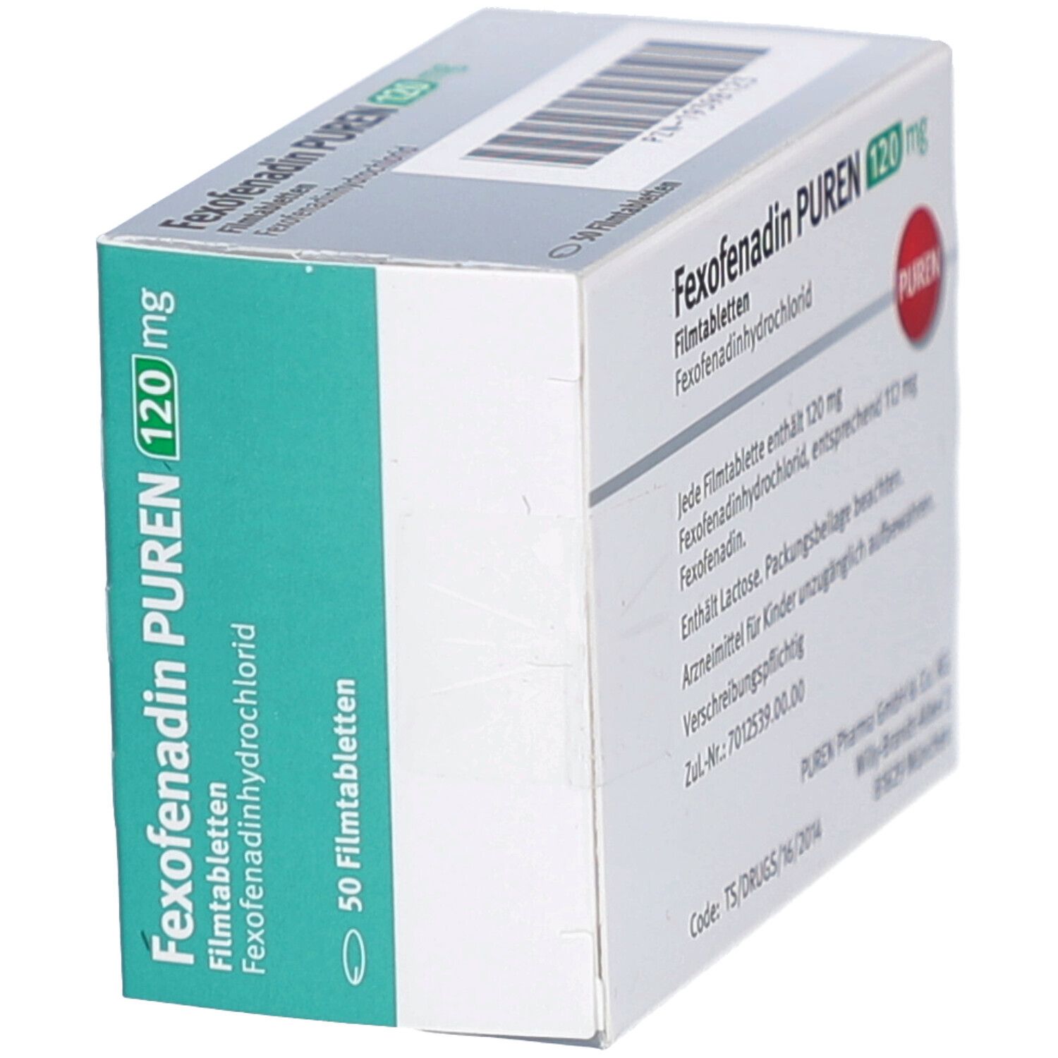 Schachtel mit Fexofenadin PUREN 120 mg Filmtabletten. Aufschrift: Fexofenadin, PUREN, 120 mg. 50 Filmtabletten. Text auf Deutsch.