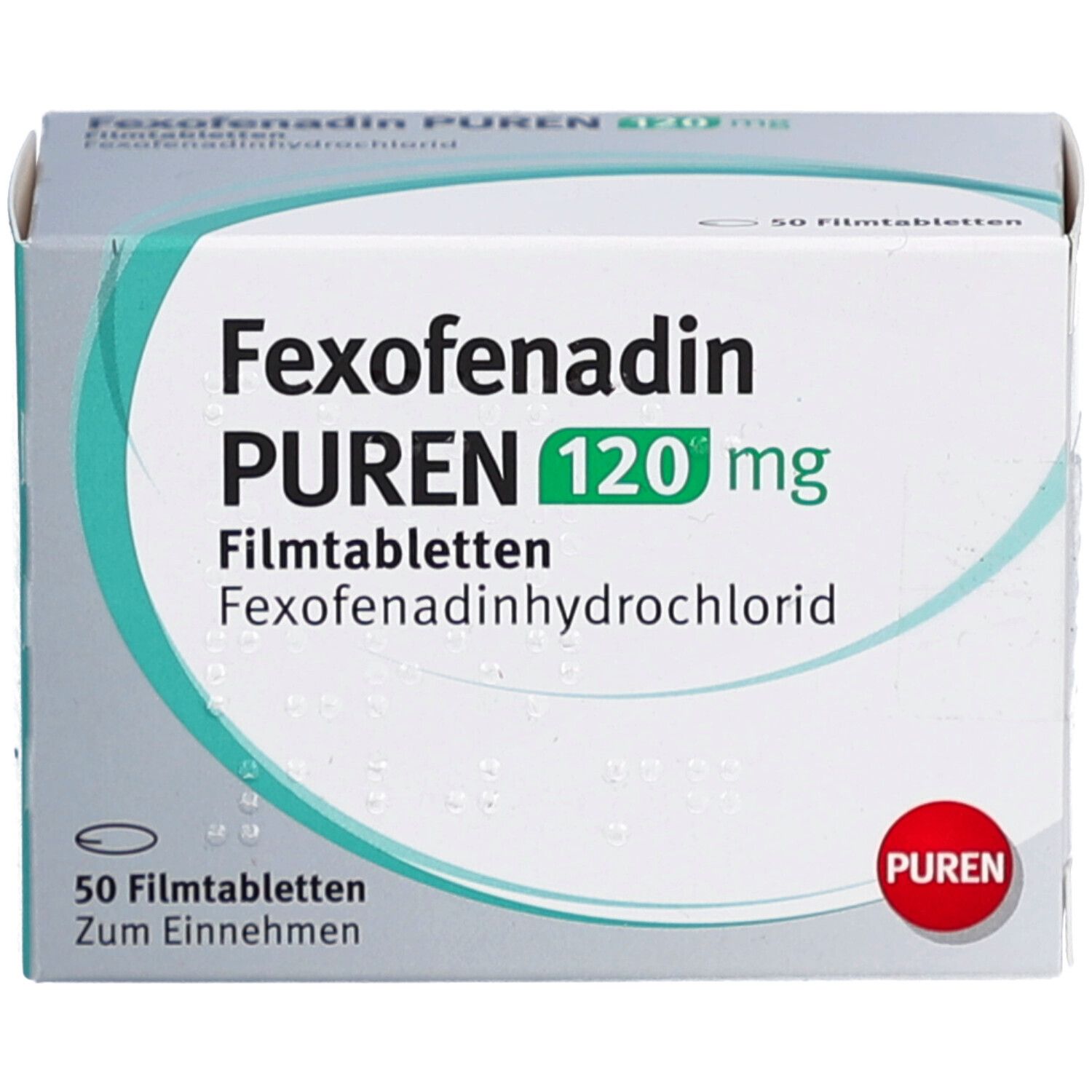 Schachtel mit Fexofenadin PUREN 120 mg Filmtabletten. Aufschrift: Fexofenadin, PUREN, 120 mg. 50 Filmtabletten. PUREN-Logo.