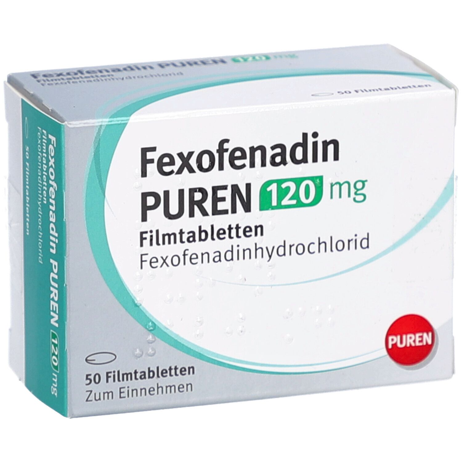 Schachtel mit Fexofenadin PUREN 120 mg Filmtabletten. Aufschrift: Fexofenadin, PUREN, 120 mg. 50 Filmtabletten. PUREN-Logo.