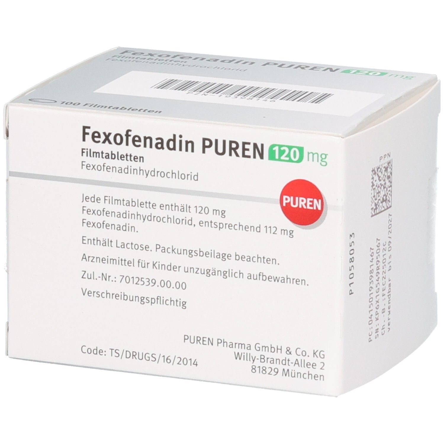 Fexofenadin Puren 120 mg Filmtabletten Verpackung, 100 Stück. Enthält Fexofenadinhydrochlorid.