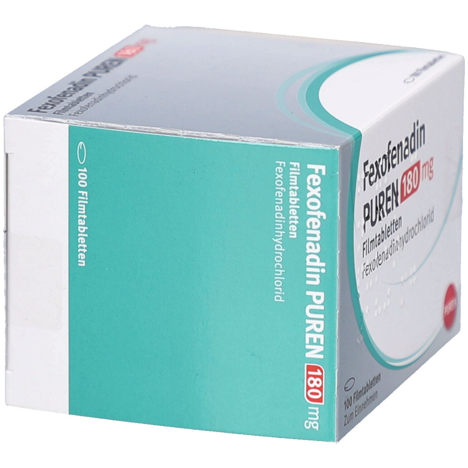 Schachtel mit Fexofenadin PUREN 180 mg Filmtabletten. Aufschrift: 100 Filmtabletten. PUREN-Logo.