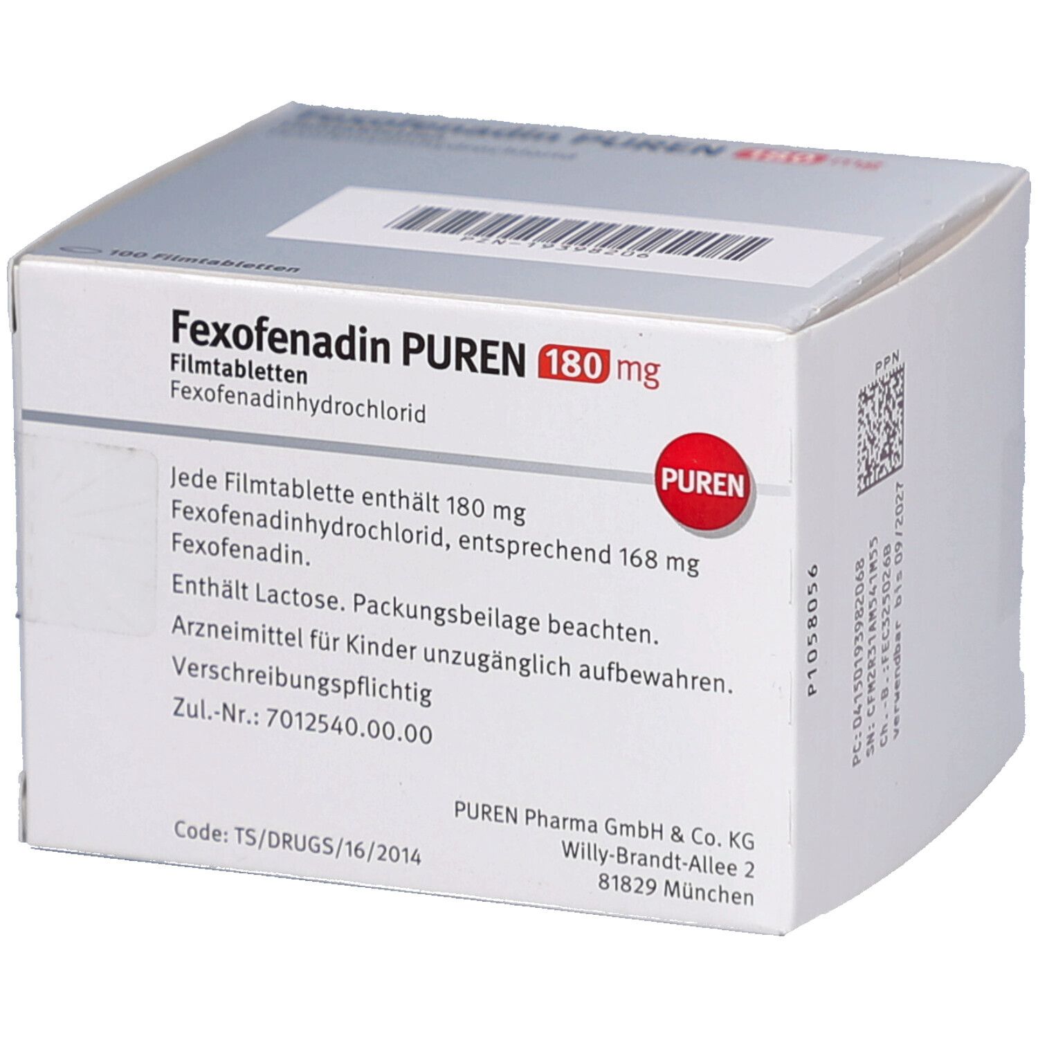 Schachtel mit Fexofenadin PUREN 180 mg Filmtabletten. Rückseite mit Text. PUREN-Logo.