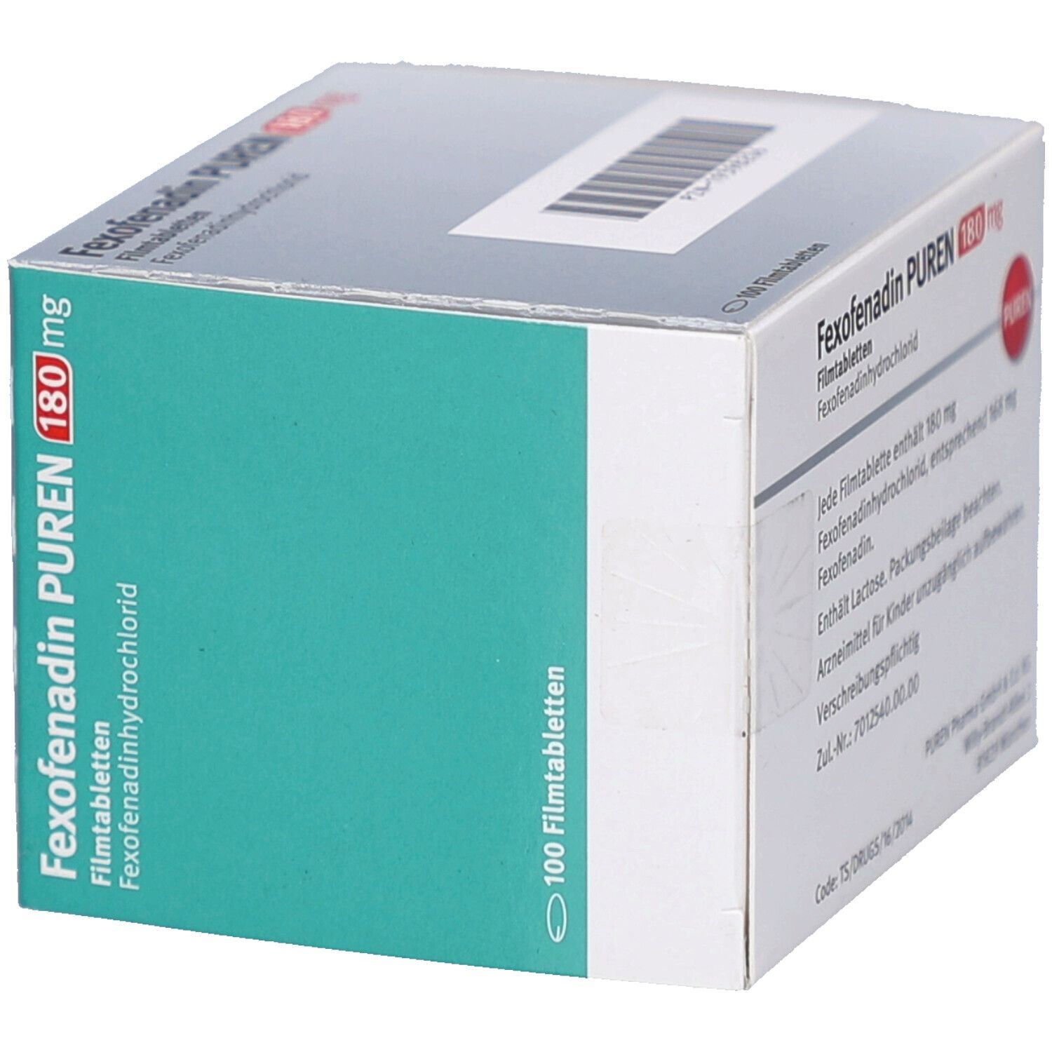 Schachtel mit Fexofenadin PUREN 180 mg Filmtabletten. Aufschrift: 100 Filmtabletten. PUREN-Logo.