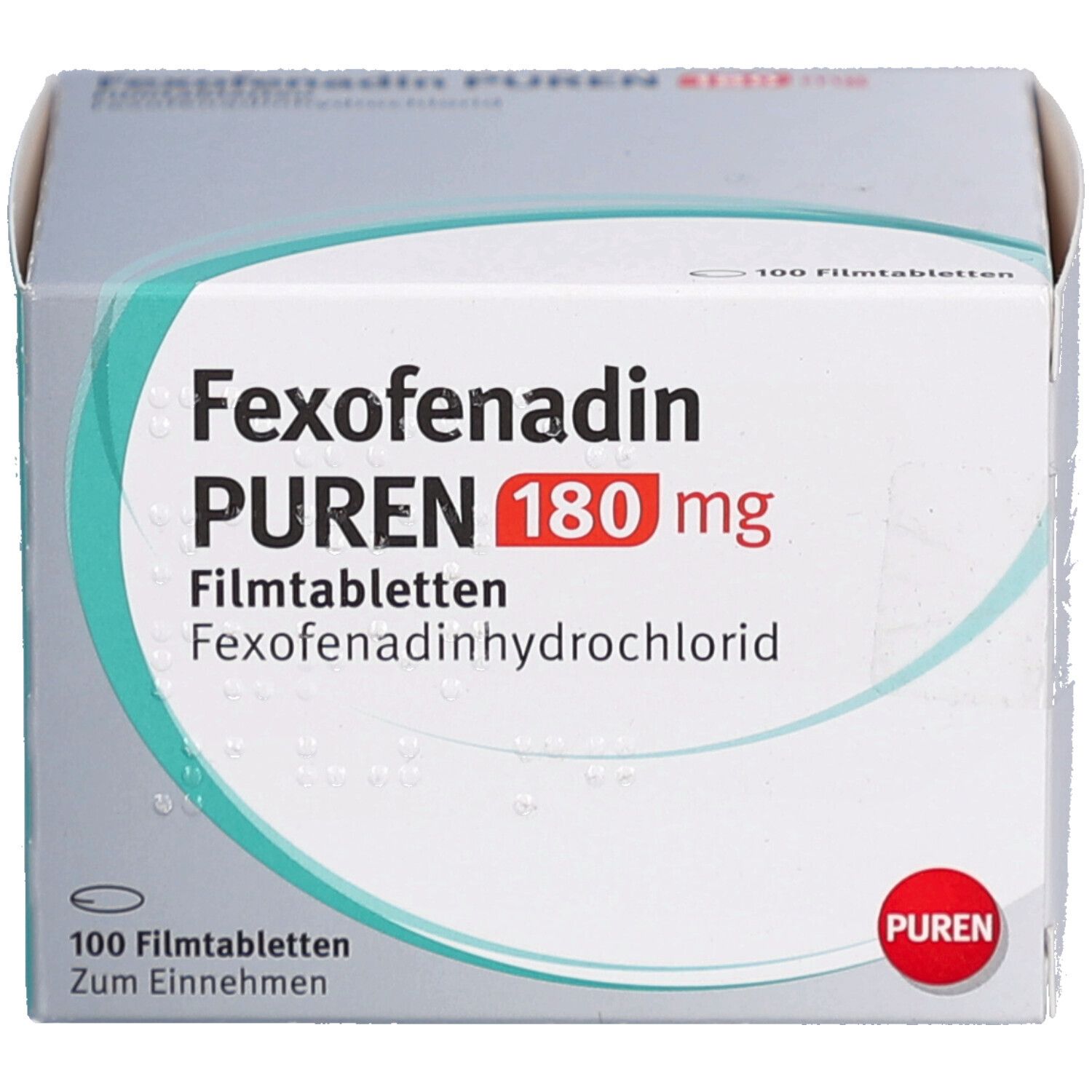 Schachtel mit Fexofenadin PUREN 180 mg Filmtabletten. Aufschrift: 100 Filmtabletten. PUREN-Logo.