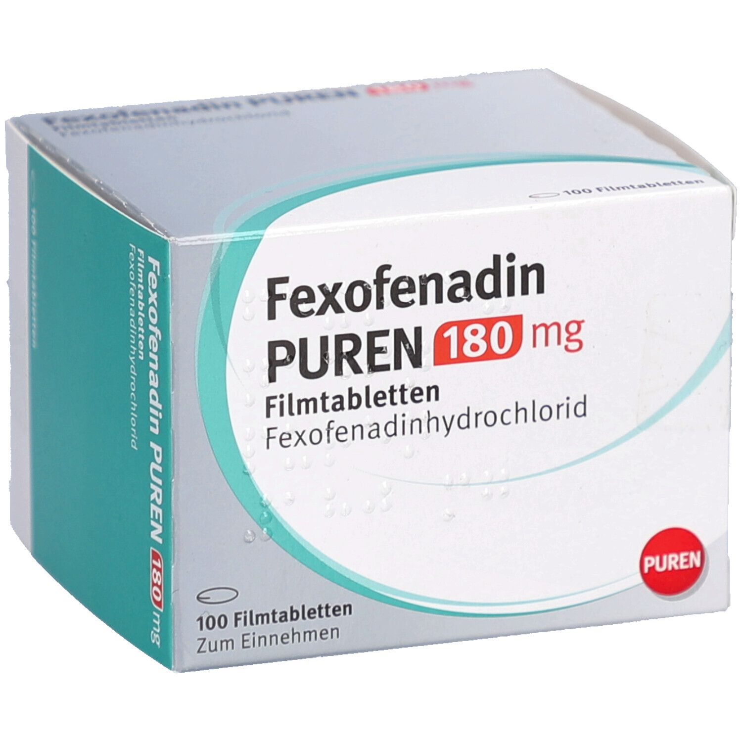 Schachtel mit Fexofenadin PUREN 180 mg Filmtabletten. Aufschrift: 100 Filmtabletten. PUREN-Logo.