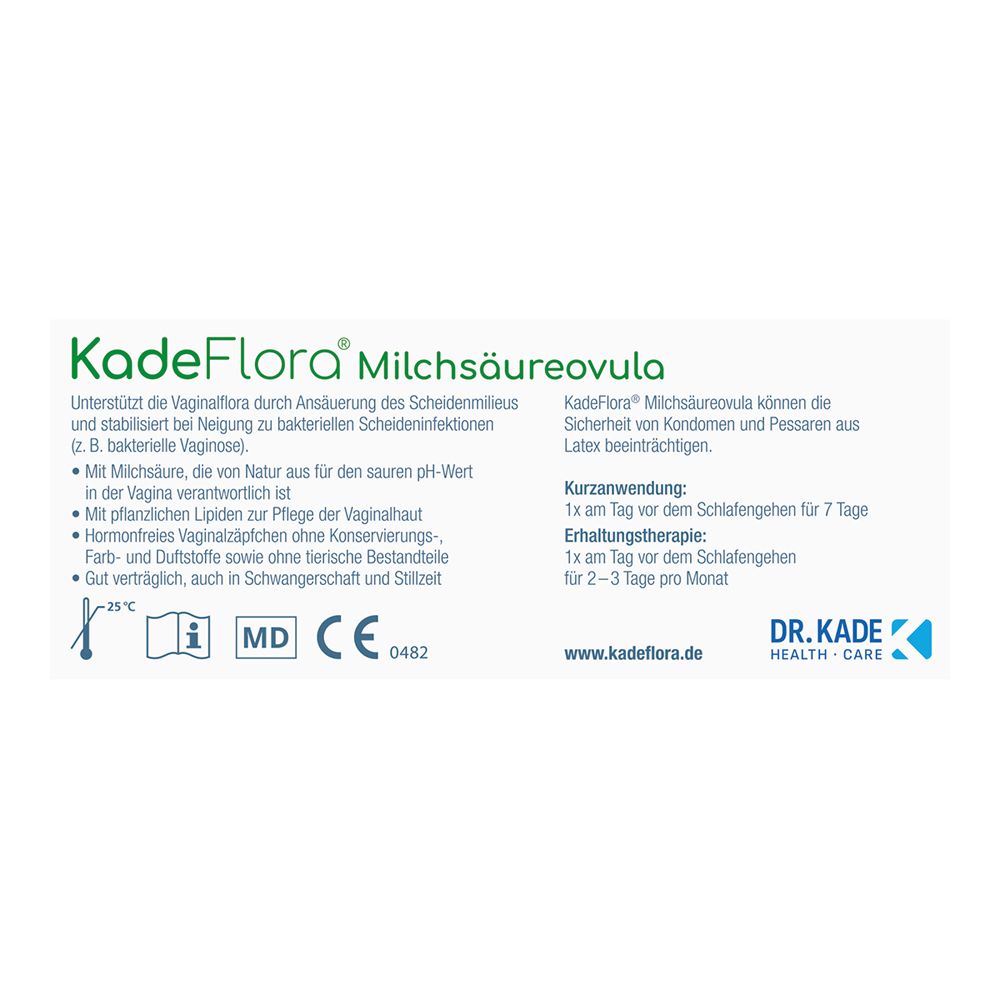 Rückseite der KadeFlora Milchsäureovula-Schachtel. Textinformationen, MD-Zeichen, CE-Kennzeichnung.
