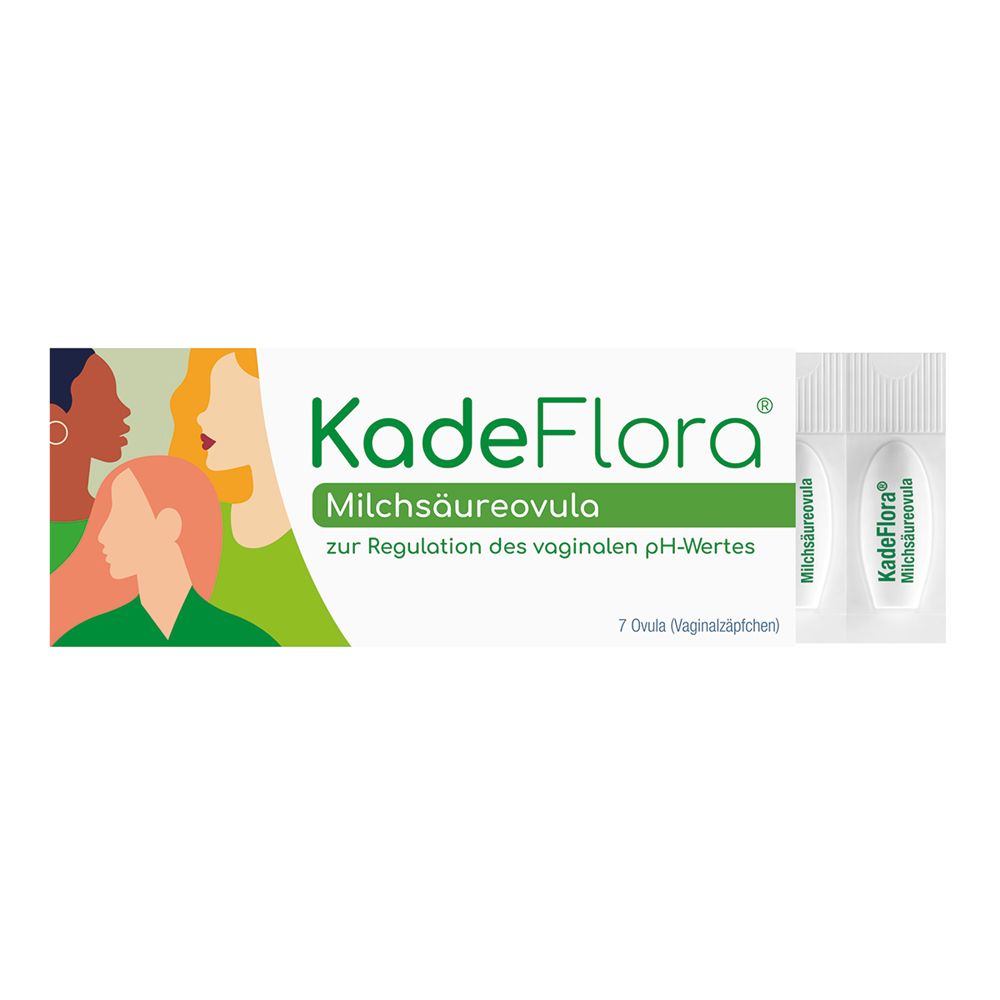 Schachtel mit KadeFlora Milchsäureovula und zwei Ovula-Blistern. 7 Ovula.