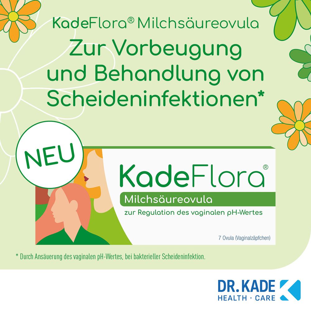 KadeFlora Milchsäureovula-Packung mit Text. Grün-weißes Design. Text zur Vorbeugung von Scheideninfektionen.