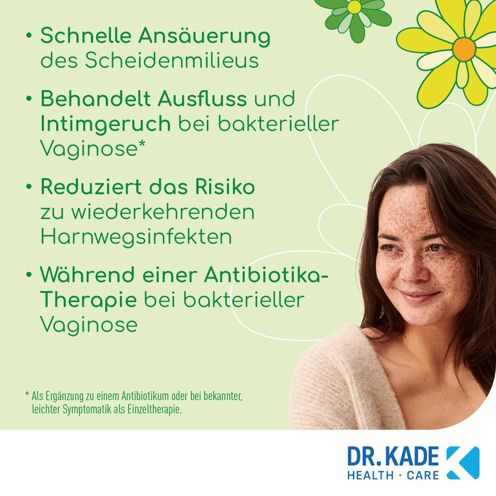 Text mit Vorteilen von KadeFlora. Schnelle Ansäuerung, Behandlung von Ausfluss, Reduzierung von Harnwegsinfekten.