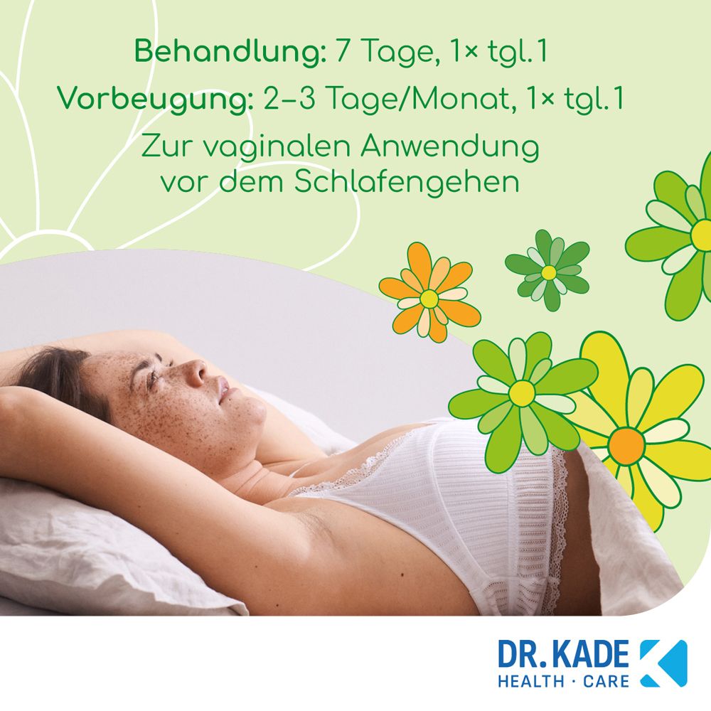 Frau im Bett. Text über Anwendung: 7 Tage Behandlung, 2-3 Tage/Monat Vorbeugung. Dr. Kade Logo.