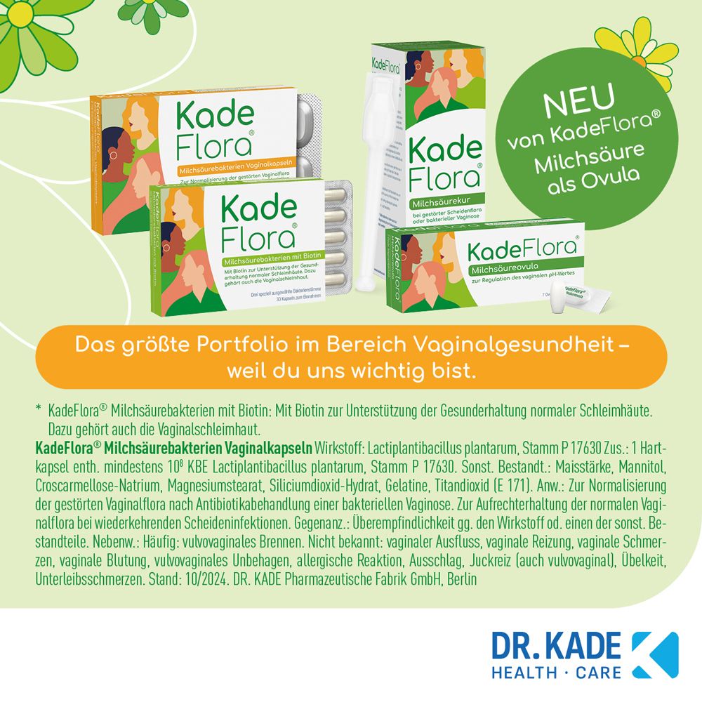 Verschiedene KadeFlora-Produkte. Packungen, Kapseln, Ovula. Text über Vaginalgesundheit. Dr. Kade Logo.