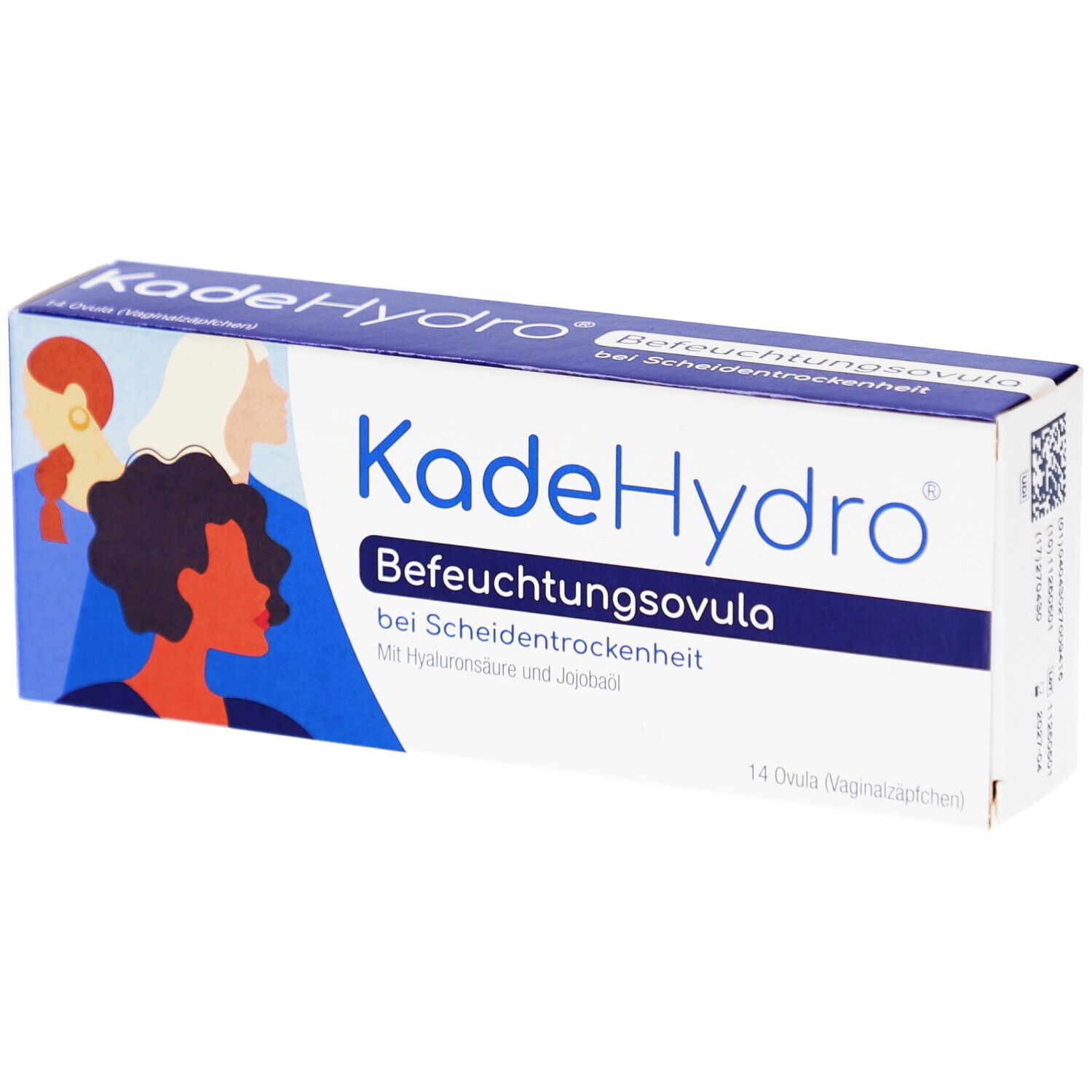 KadeHydro Befeuchtungsovula-Packung. Weiße Verpackung mit Produktnamen und Illustrationen. 14 Ovula.