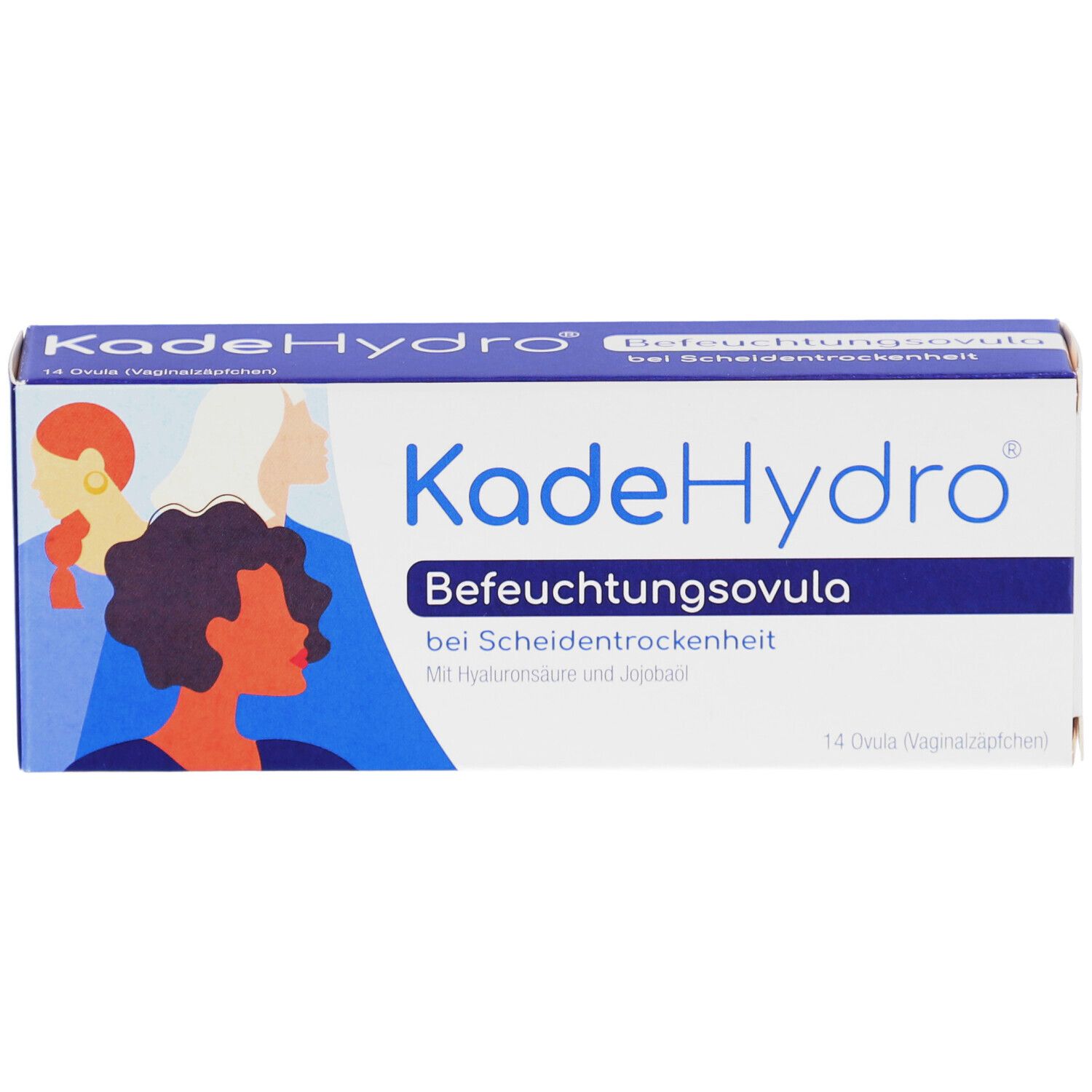 KadeHydro Befeuchtungsovula-Packung. Weiße Verpackung mit Produktnamen und Illustrationen. 14 Ovula.