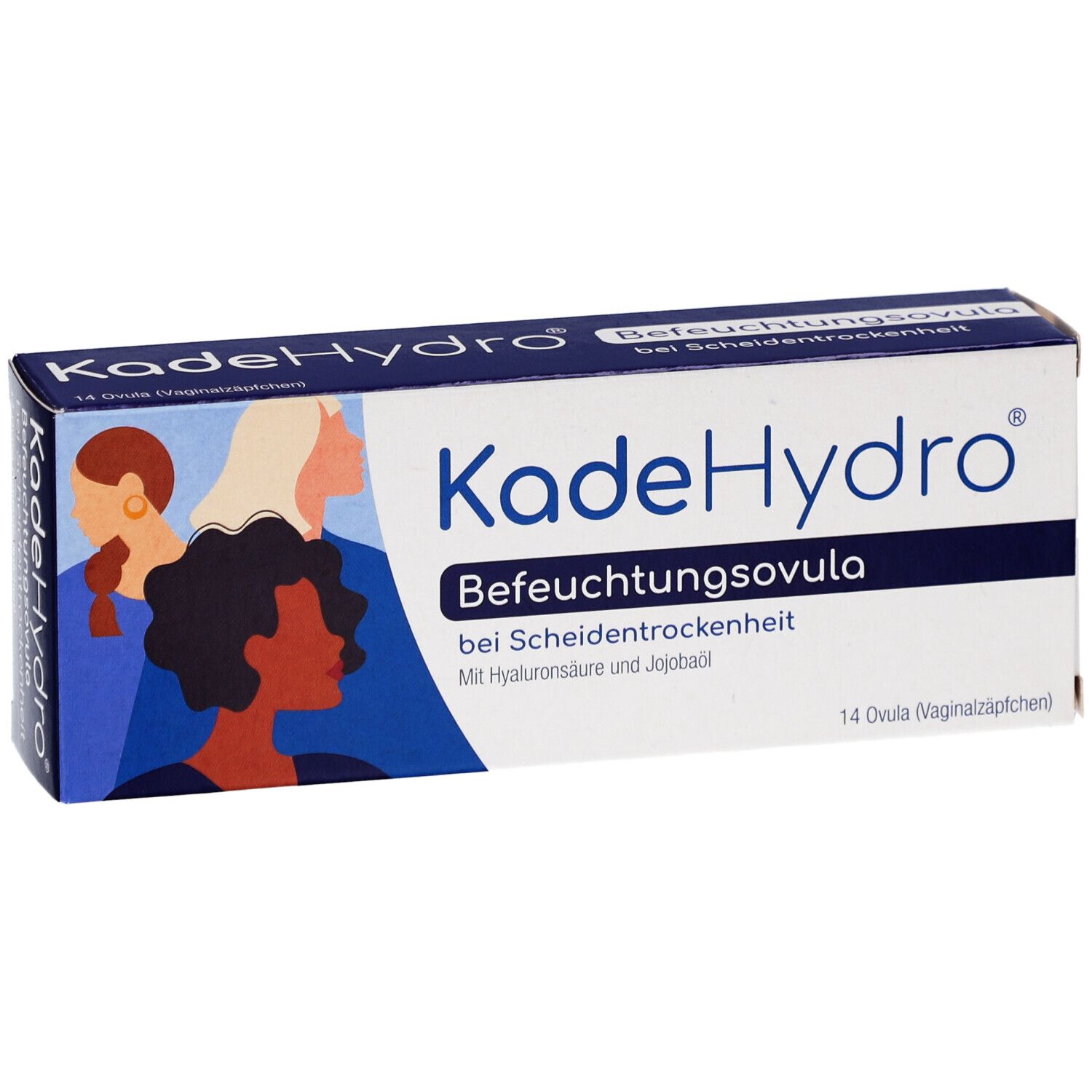 KadeHydro Befeuchtungsovula-Packung. Weiße Verpackung mit Produktnamen und Illustrationen. 14 Ovula.