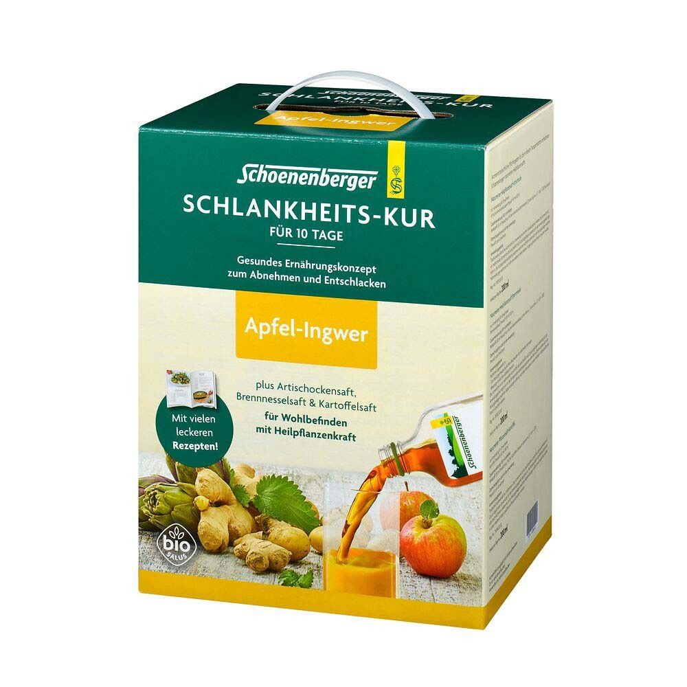 Karton mit Produktaufdruck. Text: Schoenenberger Schlankheits-Kur, Apfel-Ingwer. Bio-Siegel. Abbildung von Zutaten.