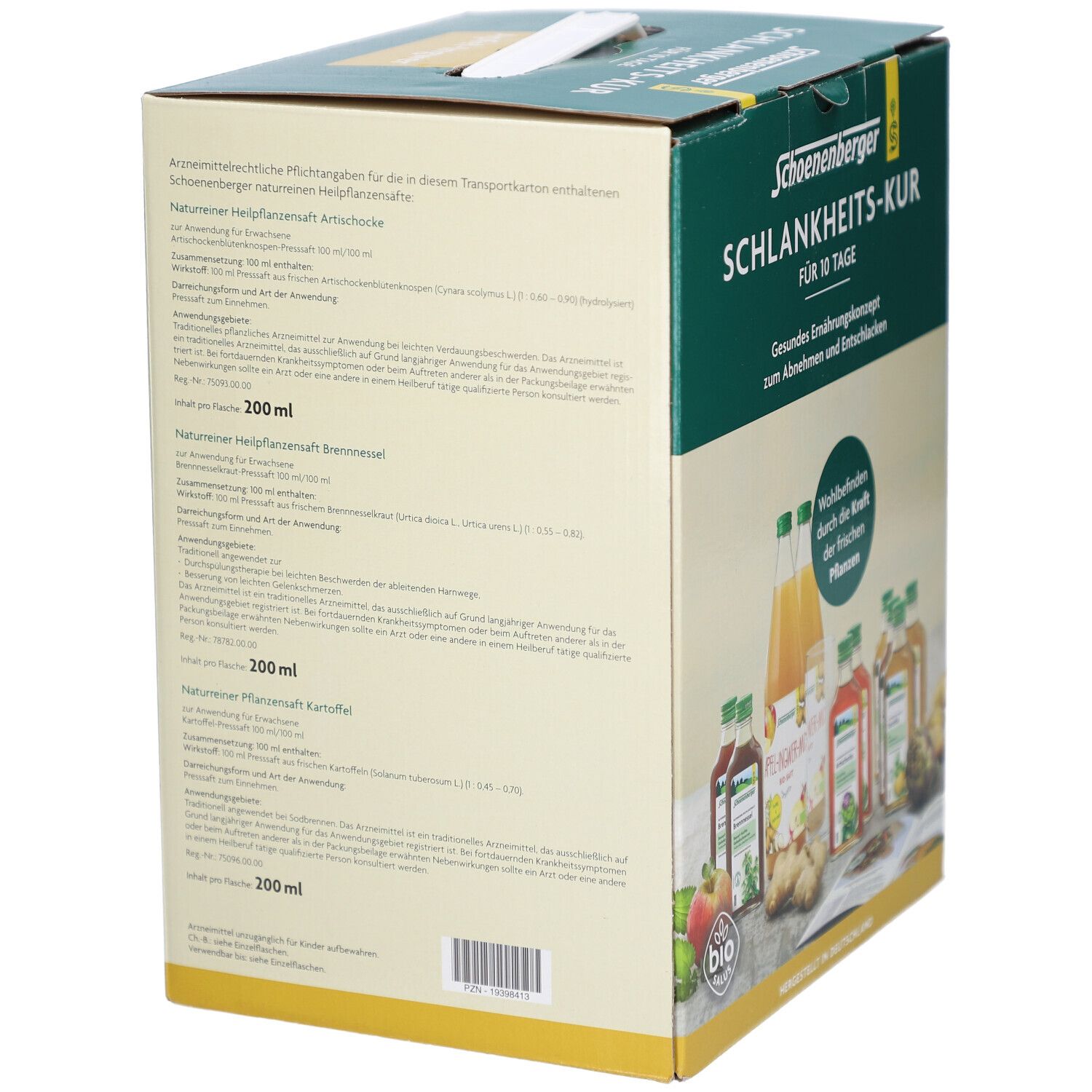 Rückseite der Kartonverpackung. Textabschnitte mit Produktinformationen. Aufschrift: Schoenenberger Schlankheits-Kur.