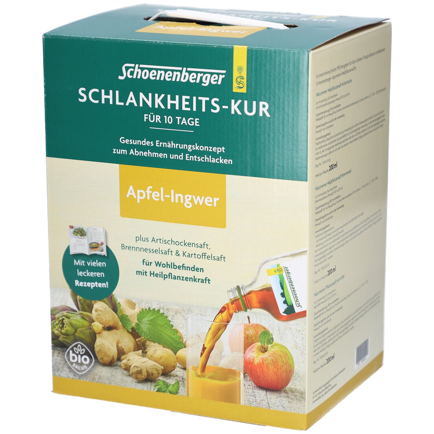 Karton mit Aufschrift: Schoenenberger Schlankheits-Kur. Apfel-Ingwer. Flasche mit Saft wird in Glas gegossen. Bio-Siegel.