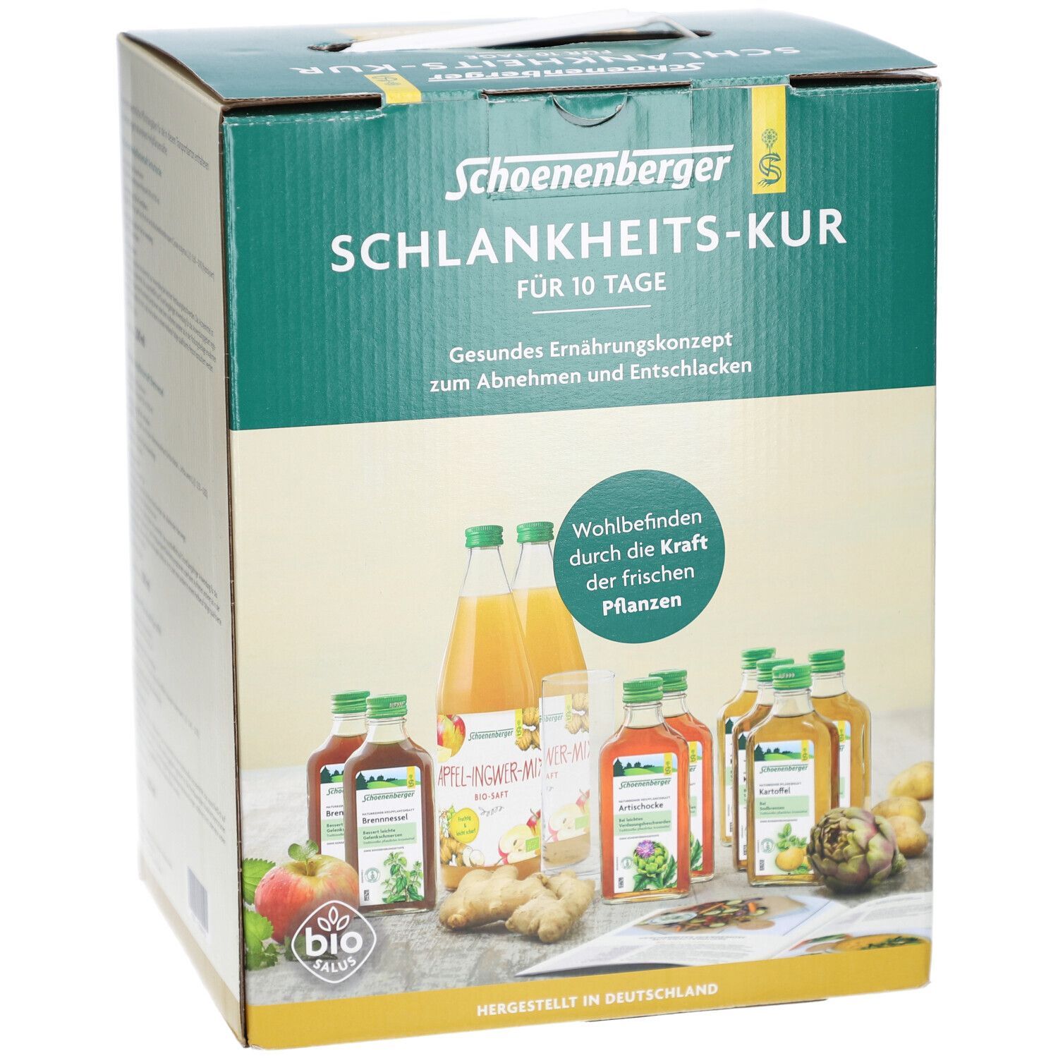 Karton mit Flaschen. Aufschrift: Schoenenberger Schlankheits-Kur. Bio-Siegel. Flaschen mit grünen Deckeln und Etiketten.