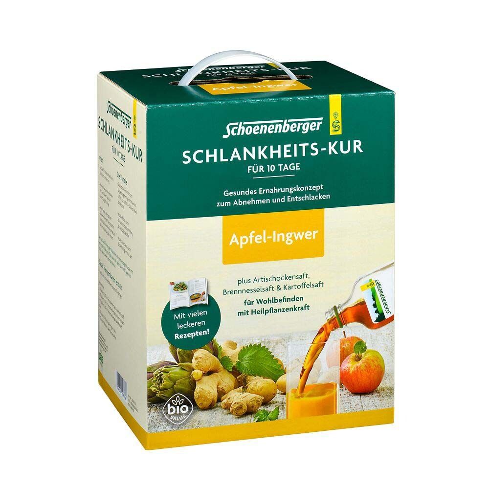 Karton mit Produktaufdruck. Text: Schoenenberger Schlankheits-Kur, Apfel-Ingwer. Bio-Siegel. Abbildung von Zutaten.