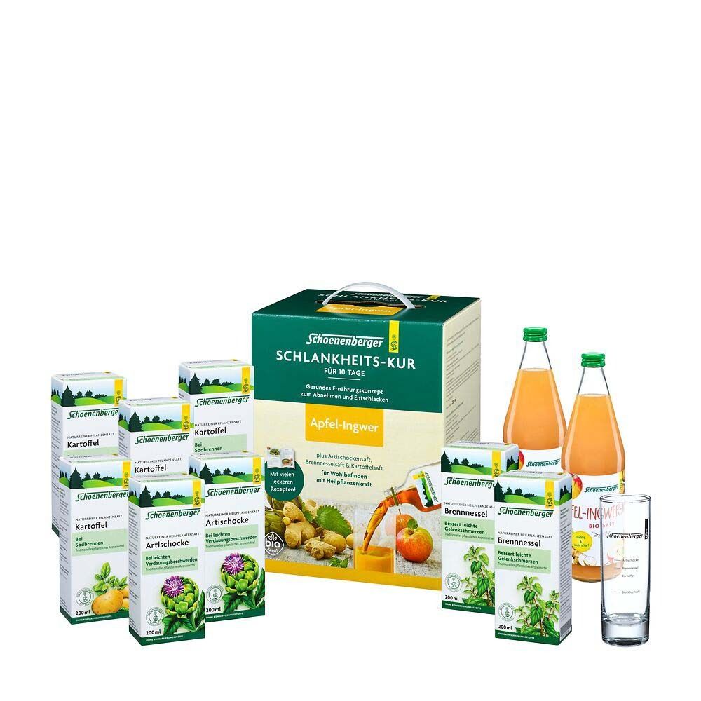 Produktpackung mit Flaschen und Kartons. Text: Schoenenberger, Artischocke, Brennnessel, Kartoffel. Gläser und Flaschen.