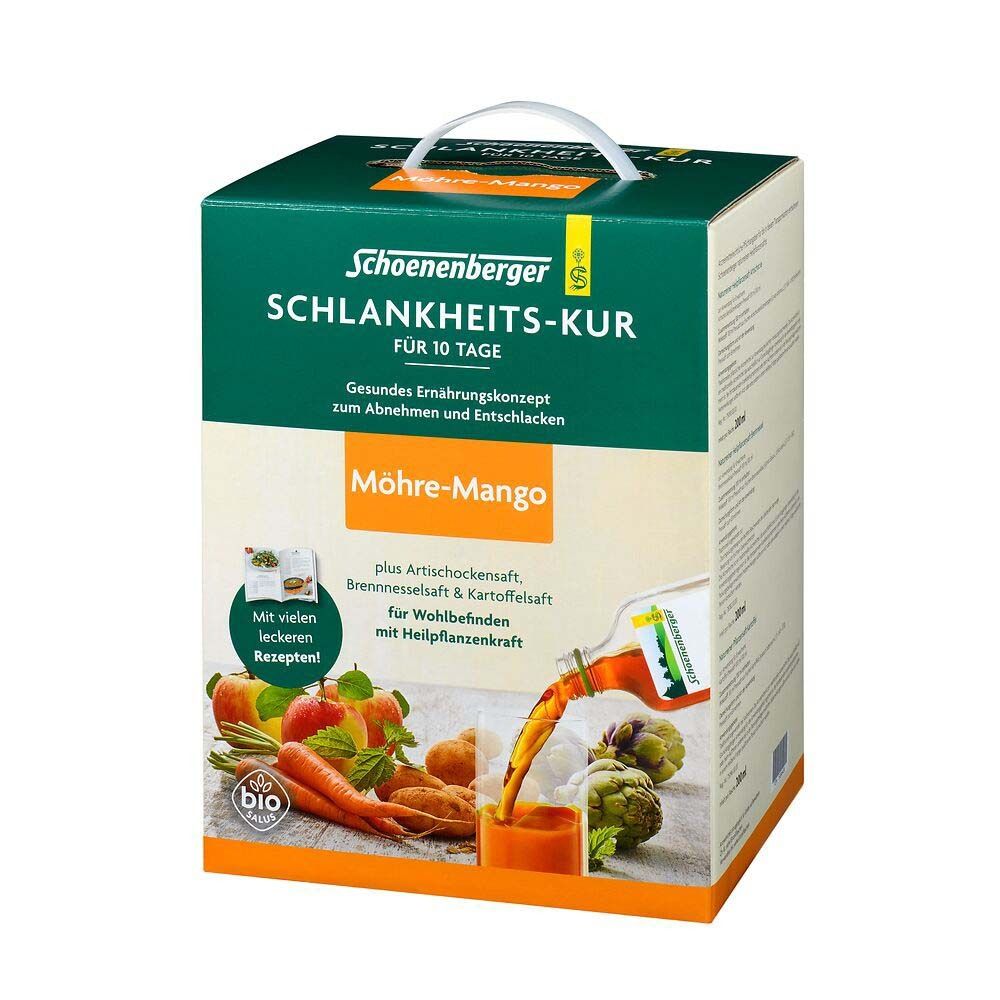 Karton mit Produktaufdruck. Aufschrift: Schoenenberger Schlankheits-Kur, Möhre-Mango. Bio-Siegel.