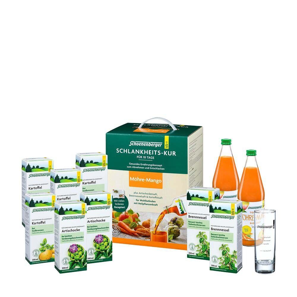 Produkt-Set mit Karton, Flaschen und kleinen Getränkepäckchen. Aufschrift: Schoenenberger Schlankheits-Kur, Möhre-Mango.