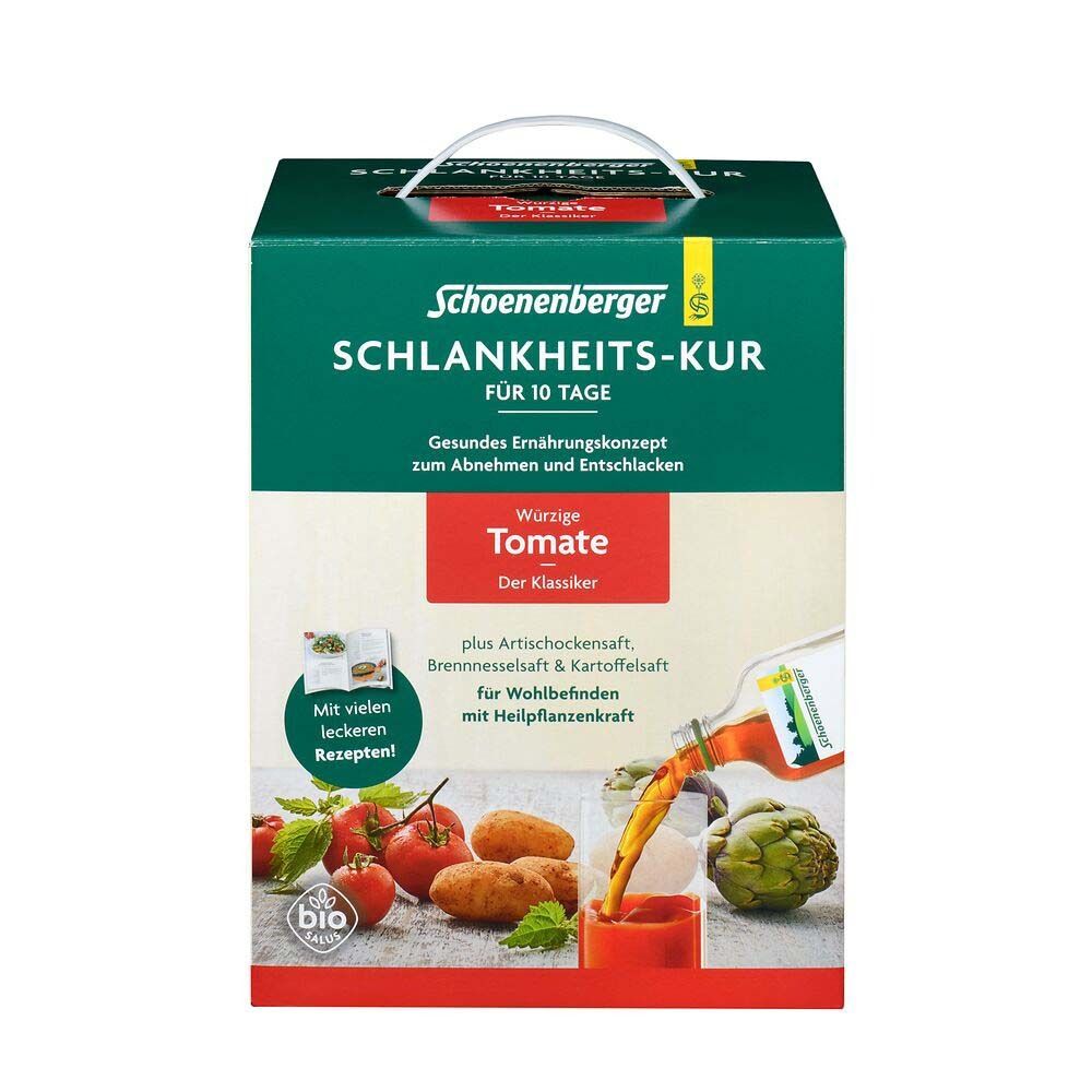 Karton mit Produktaufdruck. Text: Schoenenberger Schlankheits-Kur, Tomate. Abbildung von Tomaten, Artischocken und Kartoffeln.