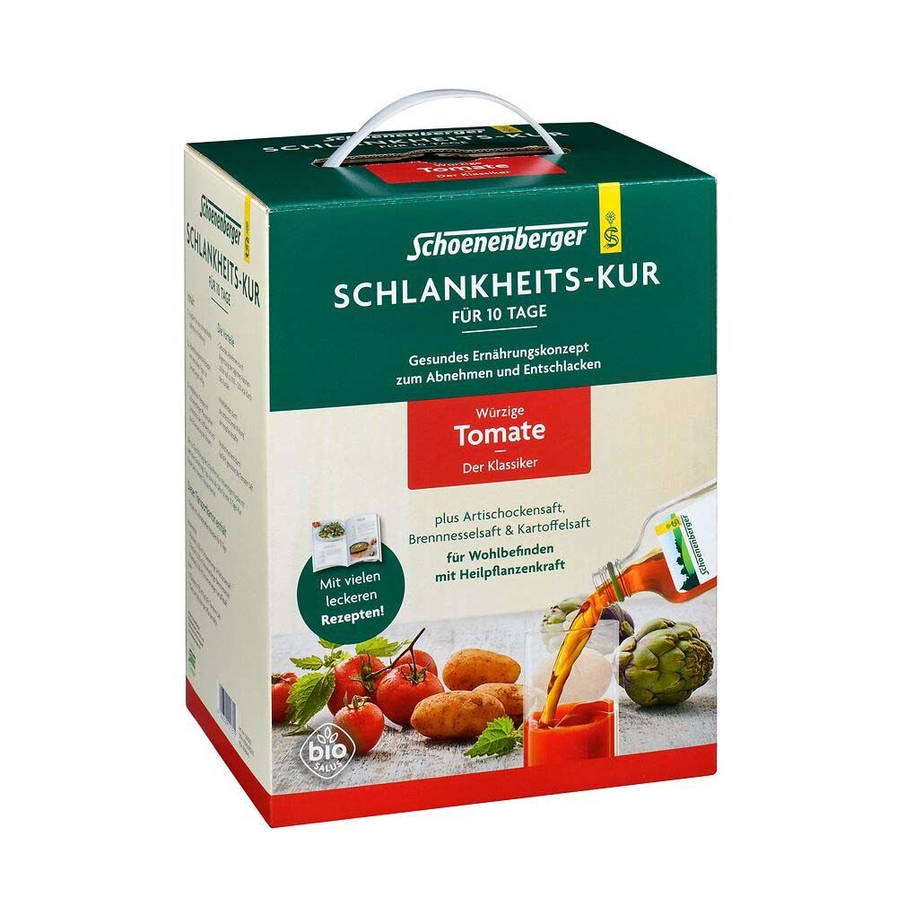 Karton mit Produktaufdruck. Text: Schoenenberger Schlankheits-Kur, Tomate. Abbildung von Tomaten, Artischocken und Kartoffeln.