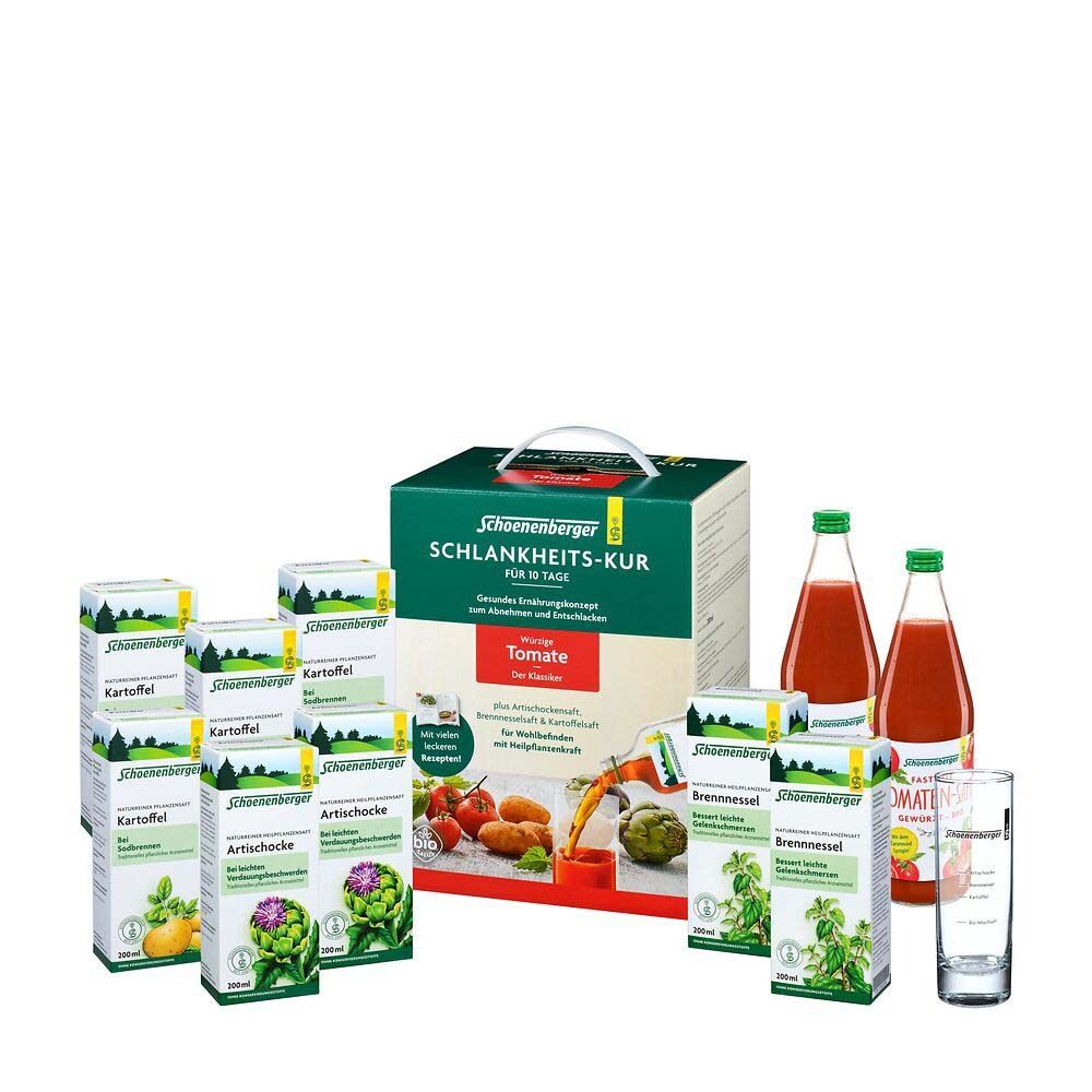 Produktpackung mit Kartons, Flaschen und kleinen Flaschen. Text: Schoenenberger Schlankheits-Kur, Tomate. Verschiedene Säfte.