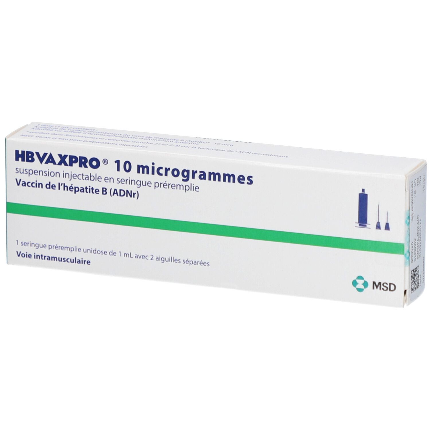 HBVAXPRO 10 Mikrogramm Injektionssuspension. Weiße Schachtel mit blauer und grüner Schrift. Enthält eine Fertigspritze.