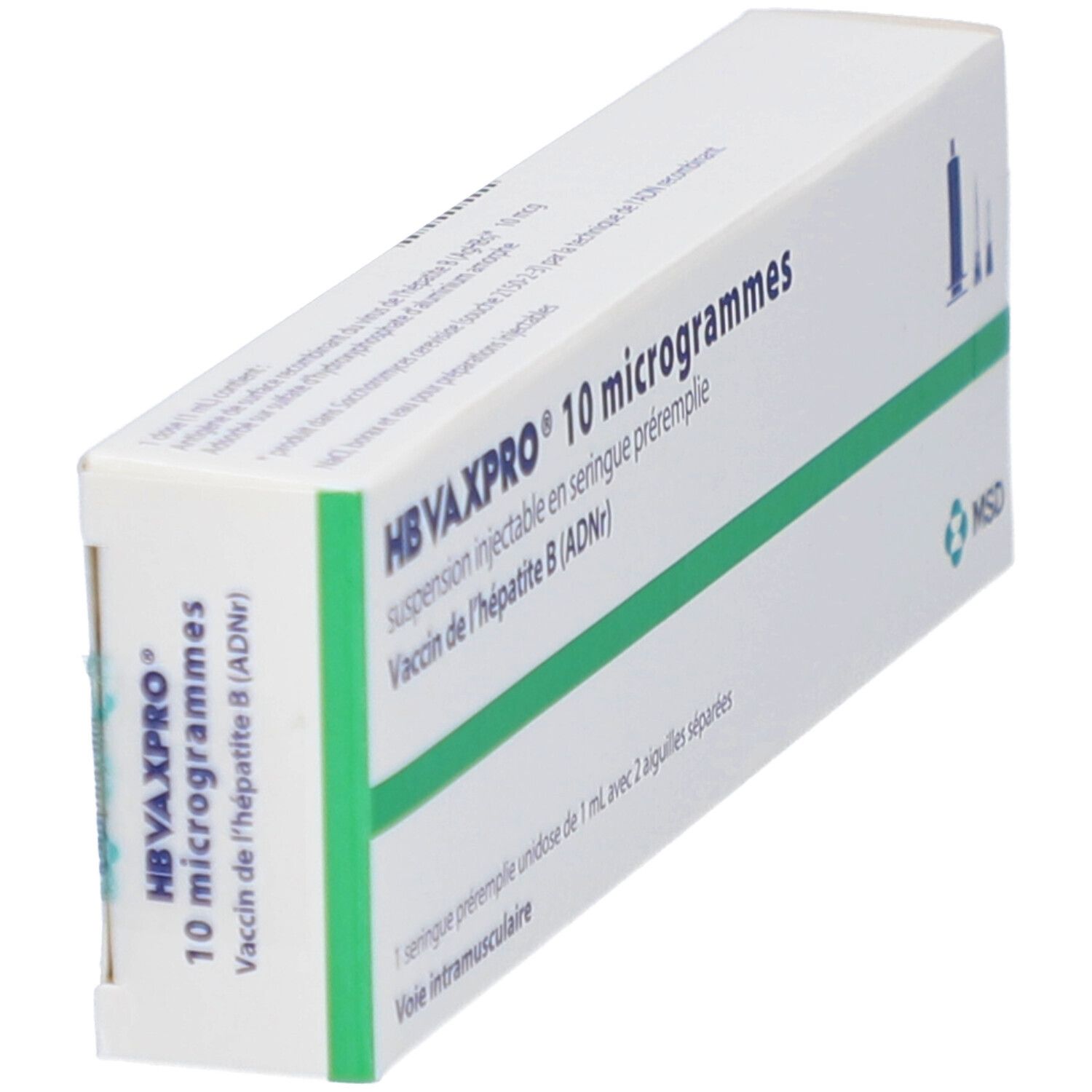 HBVAXPRO 10 Mikrogramm Injektionssuspension. Weiße Schachtel mit grüner Schrift. Enthält eine Fertigspritze.