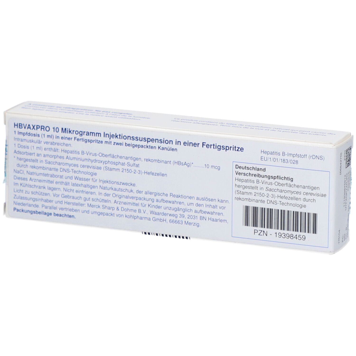 Rückseite der HBVAXPRO 10 Mikrogramm Verpackung. Enthält Informationen und Chargennummer. Weiße Schachtel mit grüner Schrift.