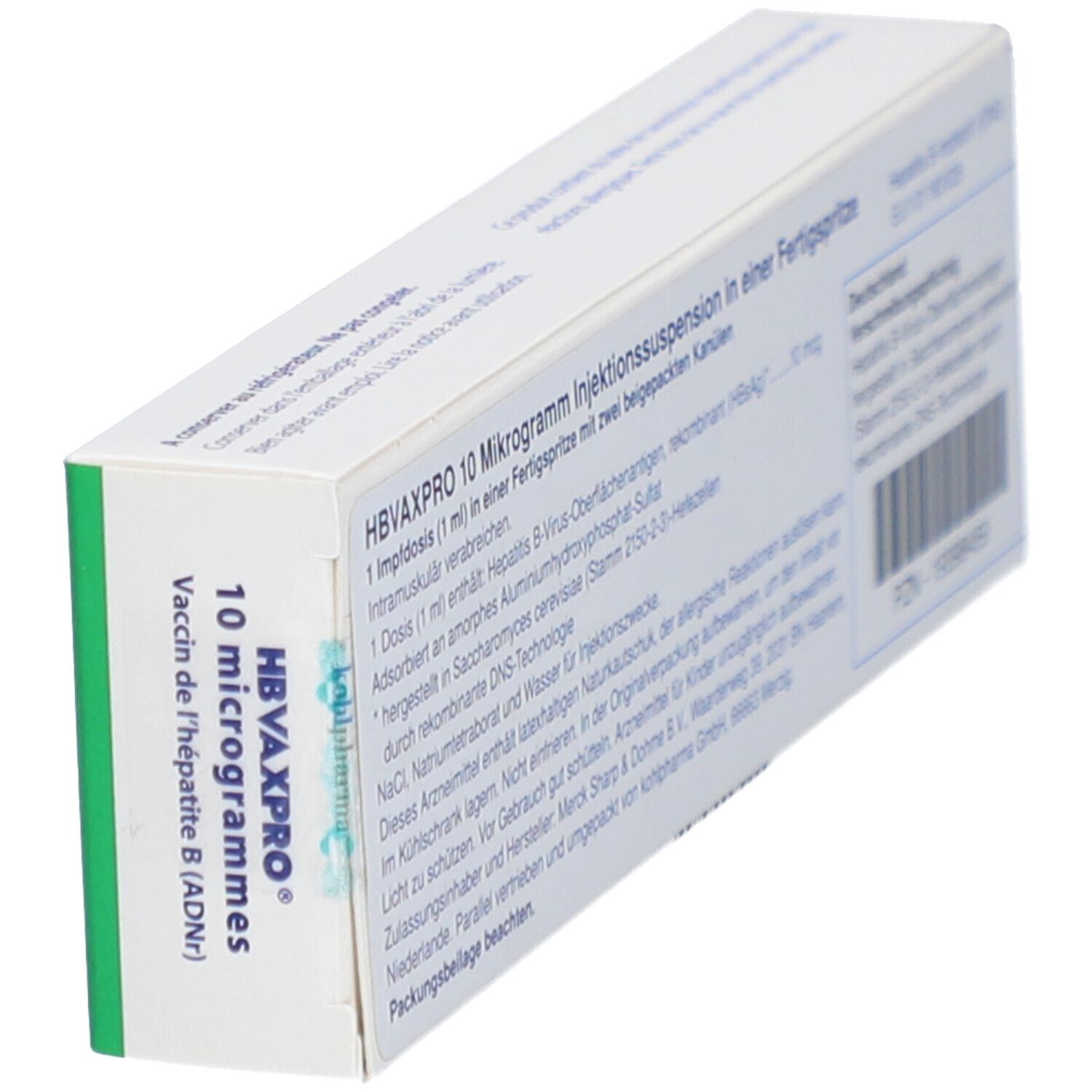 Ecke der HBVAXPRO 10 Mikrogramm Verpackung. Weiße Schachtel mit grüner Schrift. Enthält Informationen.
