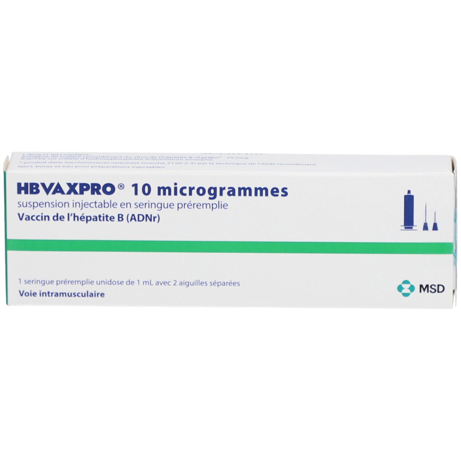 HBVAXPRO 10 Mikrogramm Injektionssuspension. Weiße Schachtel mit blauer und grüner Schrift. Enthält eine Fertigspritze.