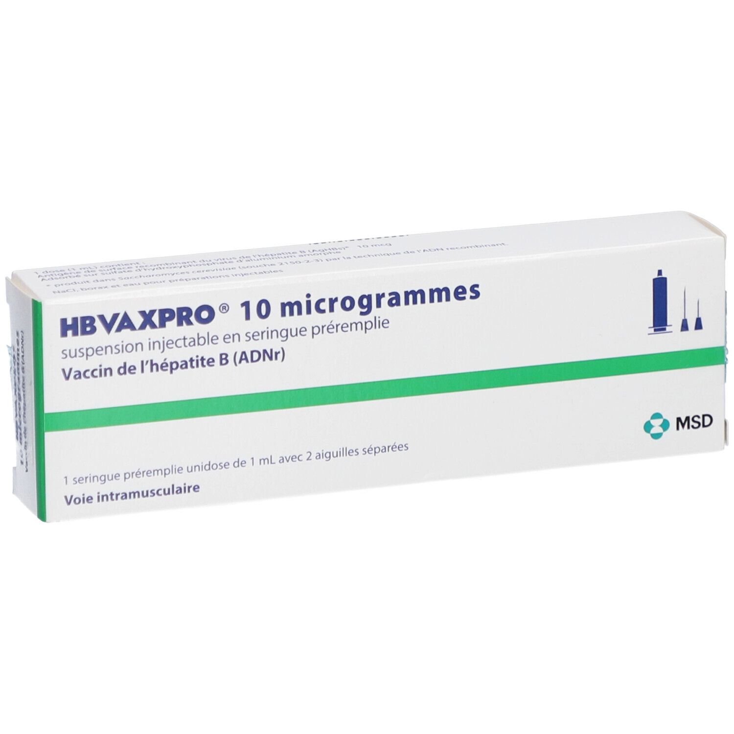 HBVAXPRO 10 Mikrogramm Injektionssuspension. Weiße Schachtel mit blauer und grüner Schrift. Enthält eine Fertigspritze.