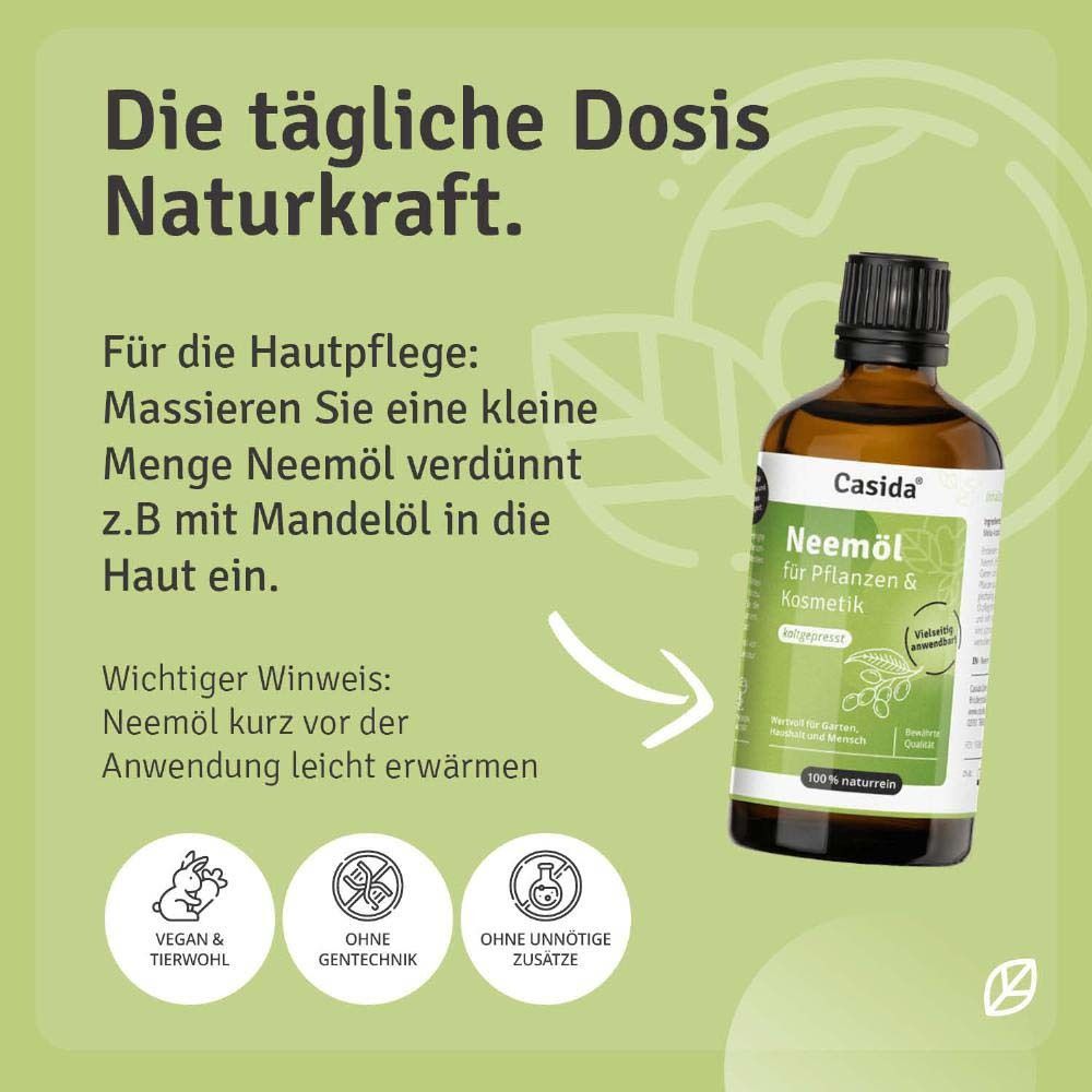 Produktflasche mit Text: "Die tägliche Dosis Naturkraft". Anwendungsbeispiele für Hautpflege.