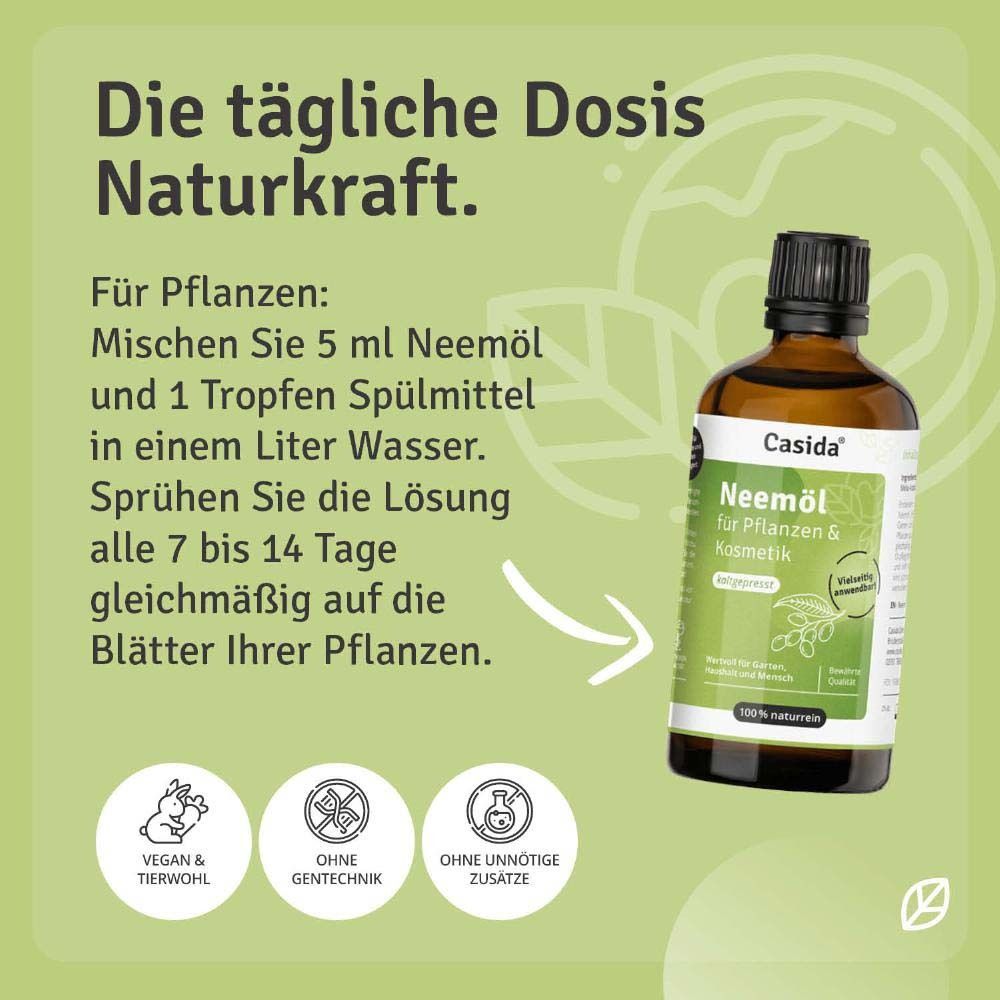 Produktflasche mit Text: "Die tägliche Dosis Naturkraft". Anwendung für Pflanzen: 5 ml Neemöl in Wasser mischen.