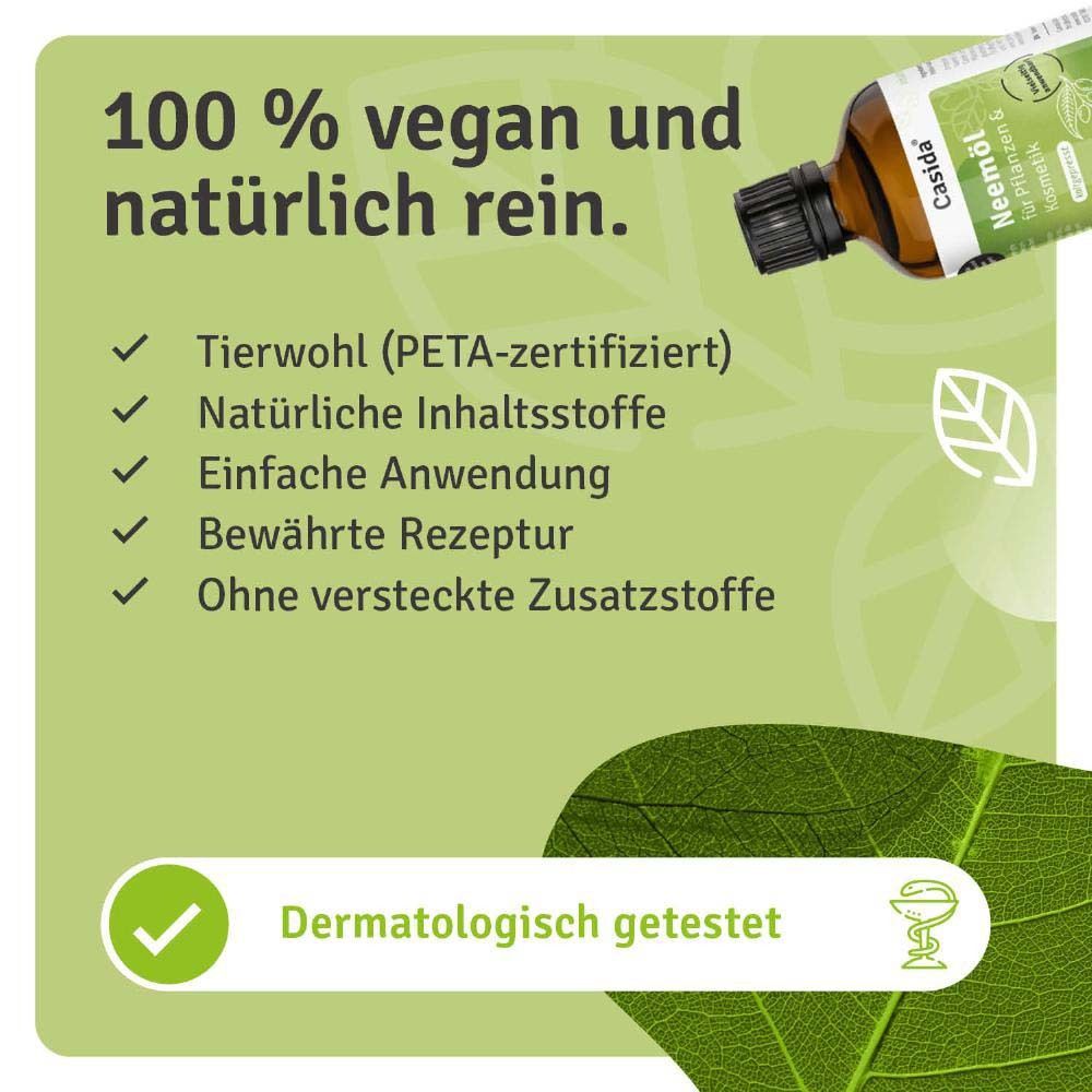 Produktflasche mit Text: "100 % vegan und natürlich rein". PETA-Zertifizierung, dermatologisch getestet.