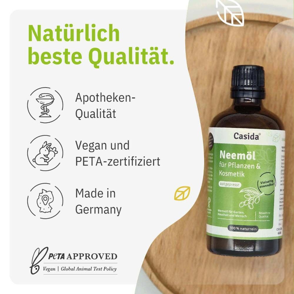 Produktflasche mit Text: "Natürlich beste Qualität". Apotheken-Qualität, vegan, PETA-zertifiziert, Made in Germany.
