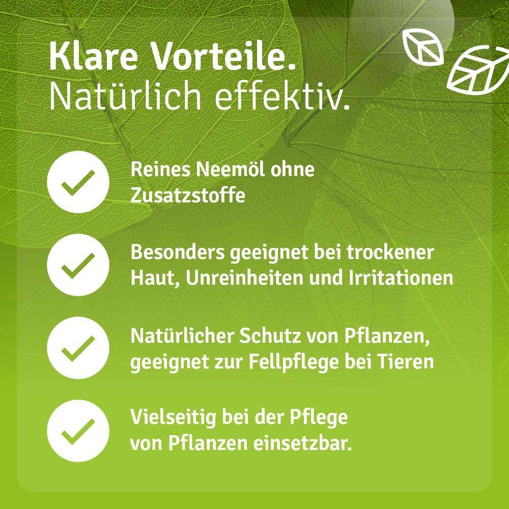 Produktflasche mit Text: "Klare Vorteile. Natürlich effektiv". Vorteile: reines Neemöl, geeignet bei Hautproblemen.