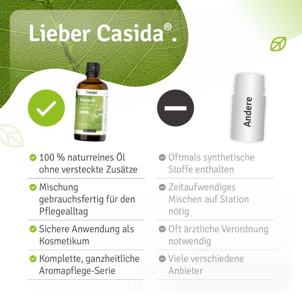 Produktflasche mit Text: "Lieber Casida". Vorteile: 100% naturrein, gebrauchsfertig, sichere Anwendung.
