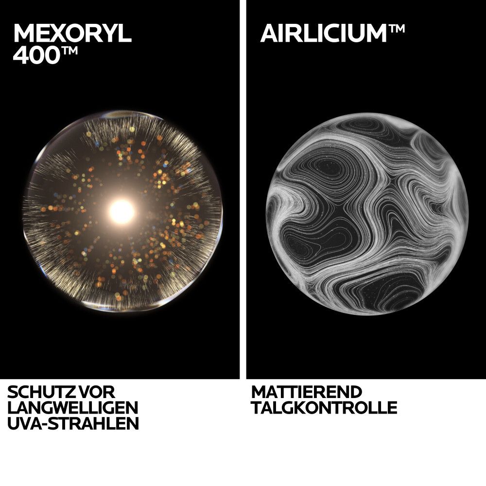 La Roche Posay Anthelios Oil Control Fluid: Mexoryl 400 Filter für Schutz vor langen UVA-Strahlen und Airlicium für mattierende Talgkontrolle.