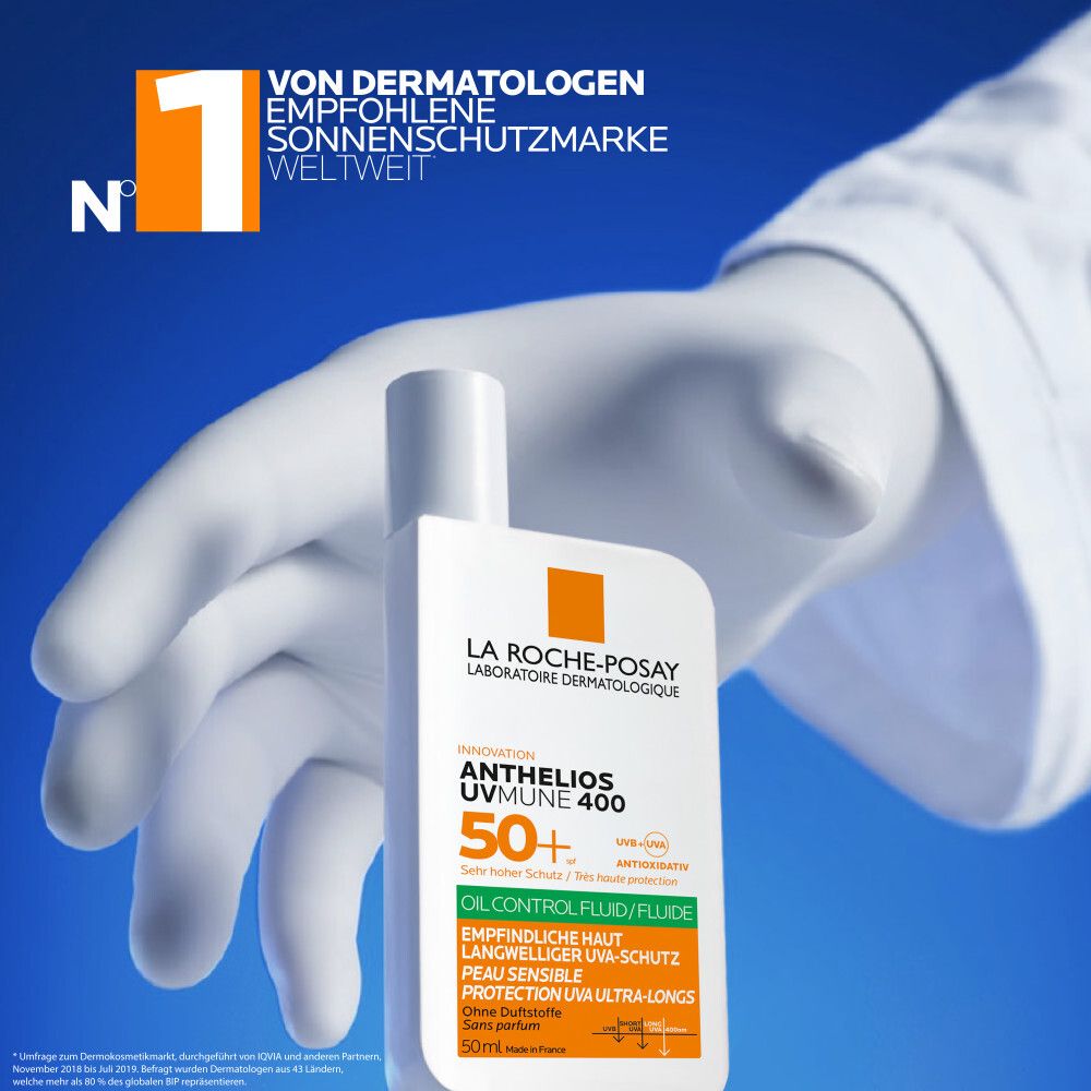 La Roche Posay Anthelios Oil Control Fluid LSF 50+. Von Dermatologen weltweit empfohlene Sonnenschutzmarke Nr. 1.