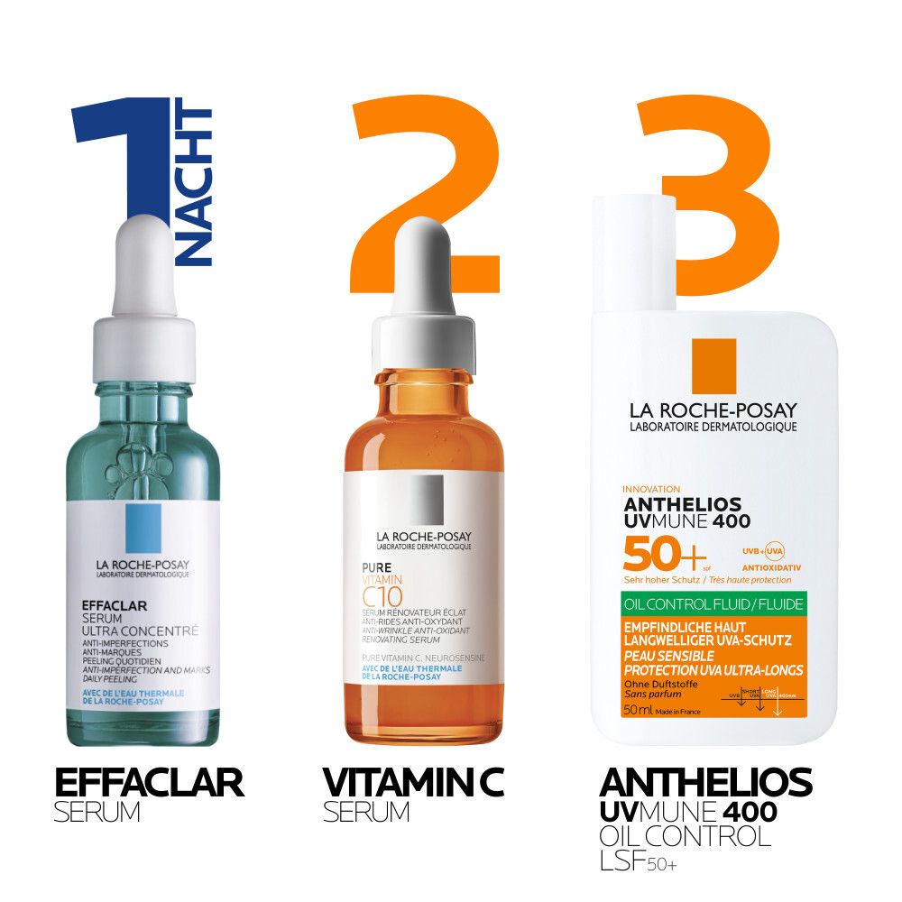 La Roche Posay Routine: Effaclar Serum, Vitamin C Serum und Anthelios UVMune 400 Oil Control LSF 50+ Sonnenschutz.