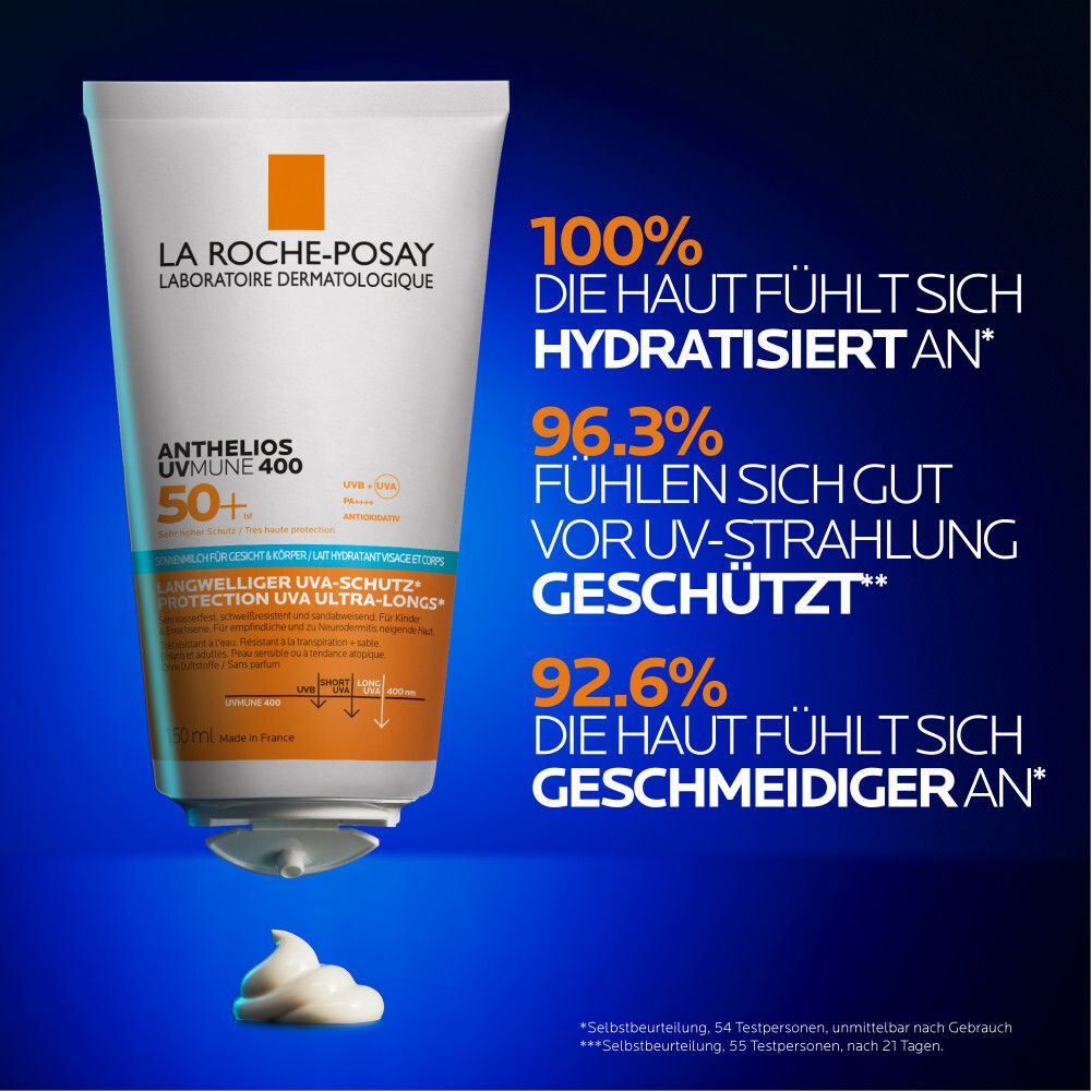 La Roche Posay Anthelios UV Mune 400 Hydratisierende Gesicht + Körper Milch LSF 50+ mit Mexoryl 400, Vitamin E und Glycerin