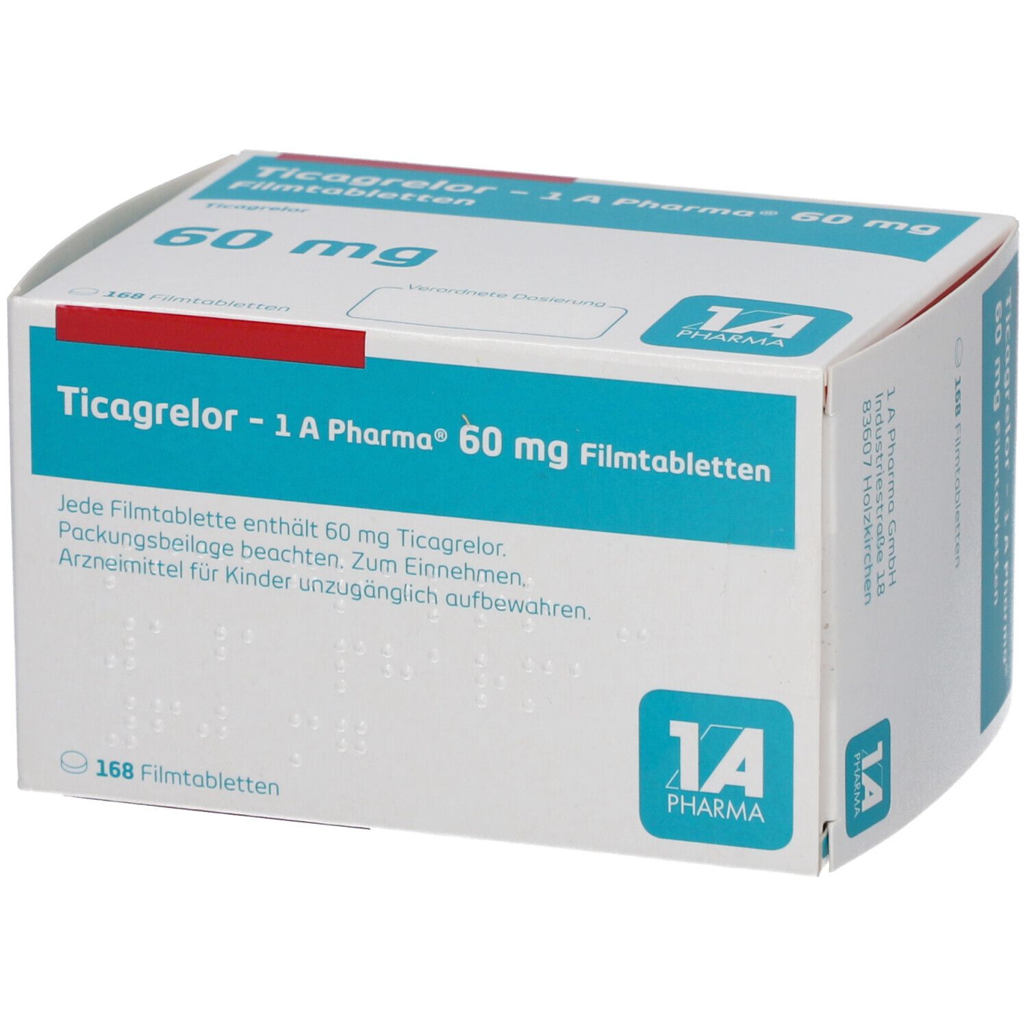 Schachtel mit Ticagrelor - 1 A Pharma 60 mg Filmtabletten. Aufschrift: 60 mg, 168 Filmtabletten. Logo 1A Pharma.