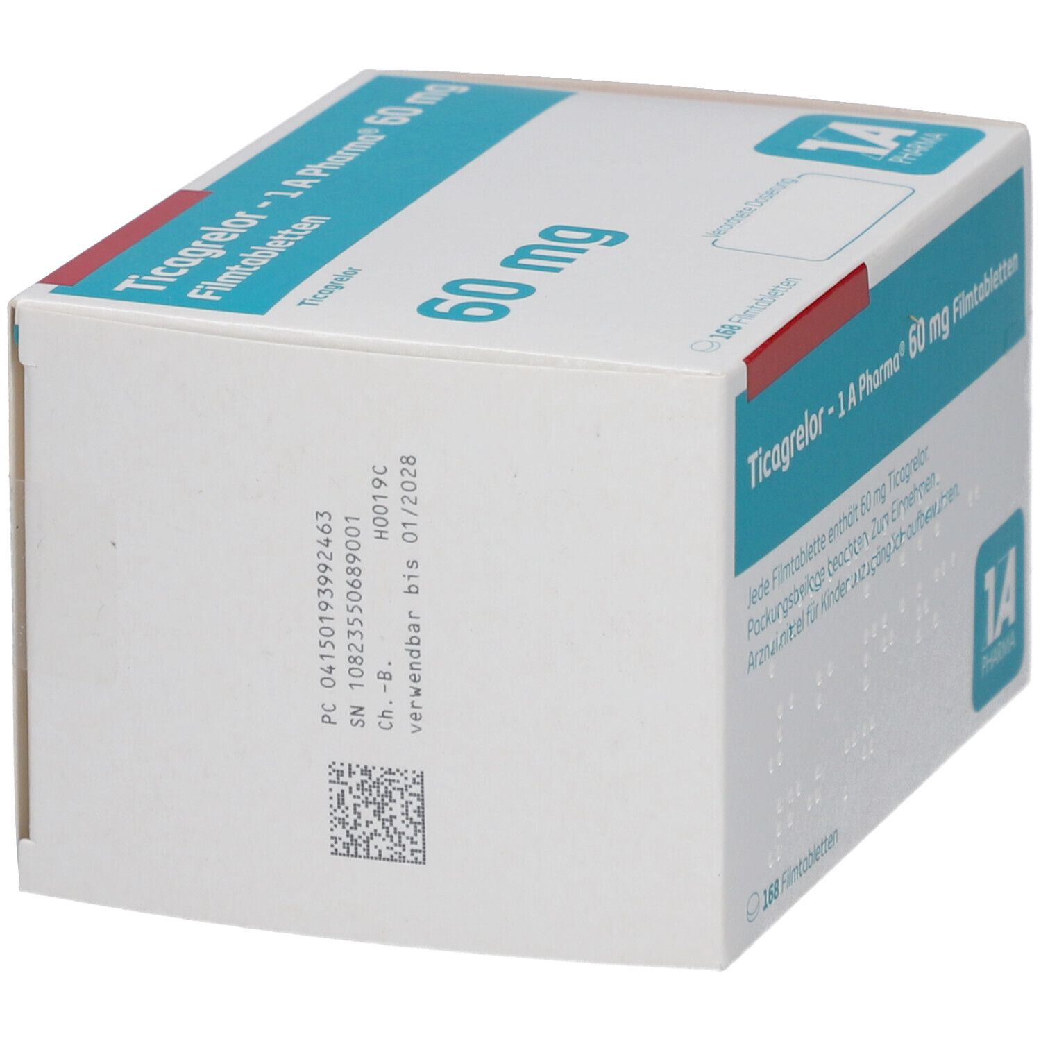Schachtel mit Ticagrelor - 1 A Pharma 60 mg Filmtabletten. Aufschrift: 60 mg. Logo 1A Pharma. QR-Code und Verfallsdatum.