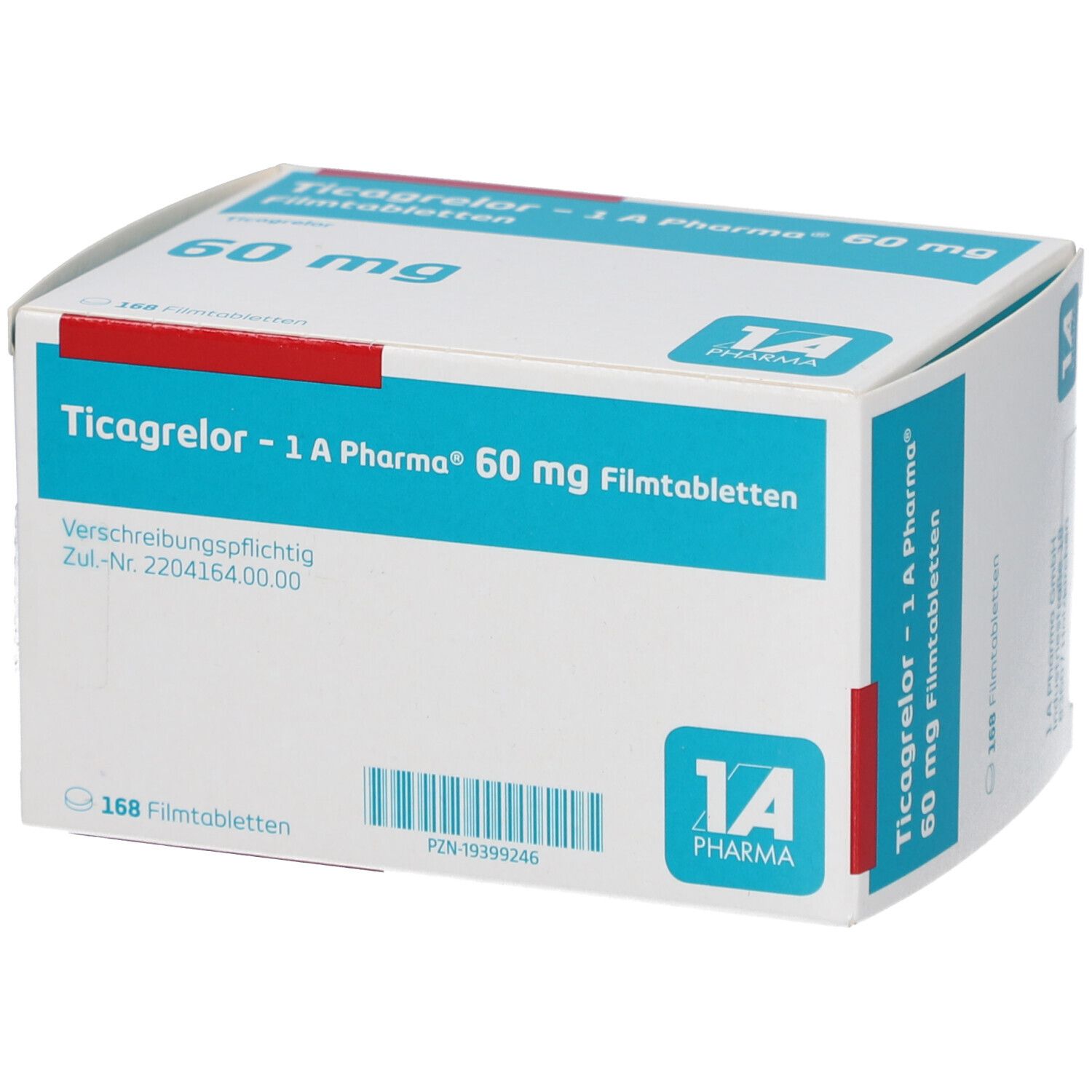Schachtel mit Ticagrelor - 1 A Pharma 60 mg Filmtabletten. Aufschrift: 60 mg, 168 Filmtabletten. Logo 1A Pharma. Verschreibungspflichtig.